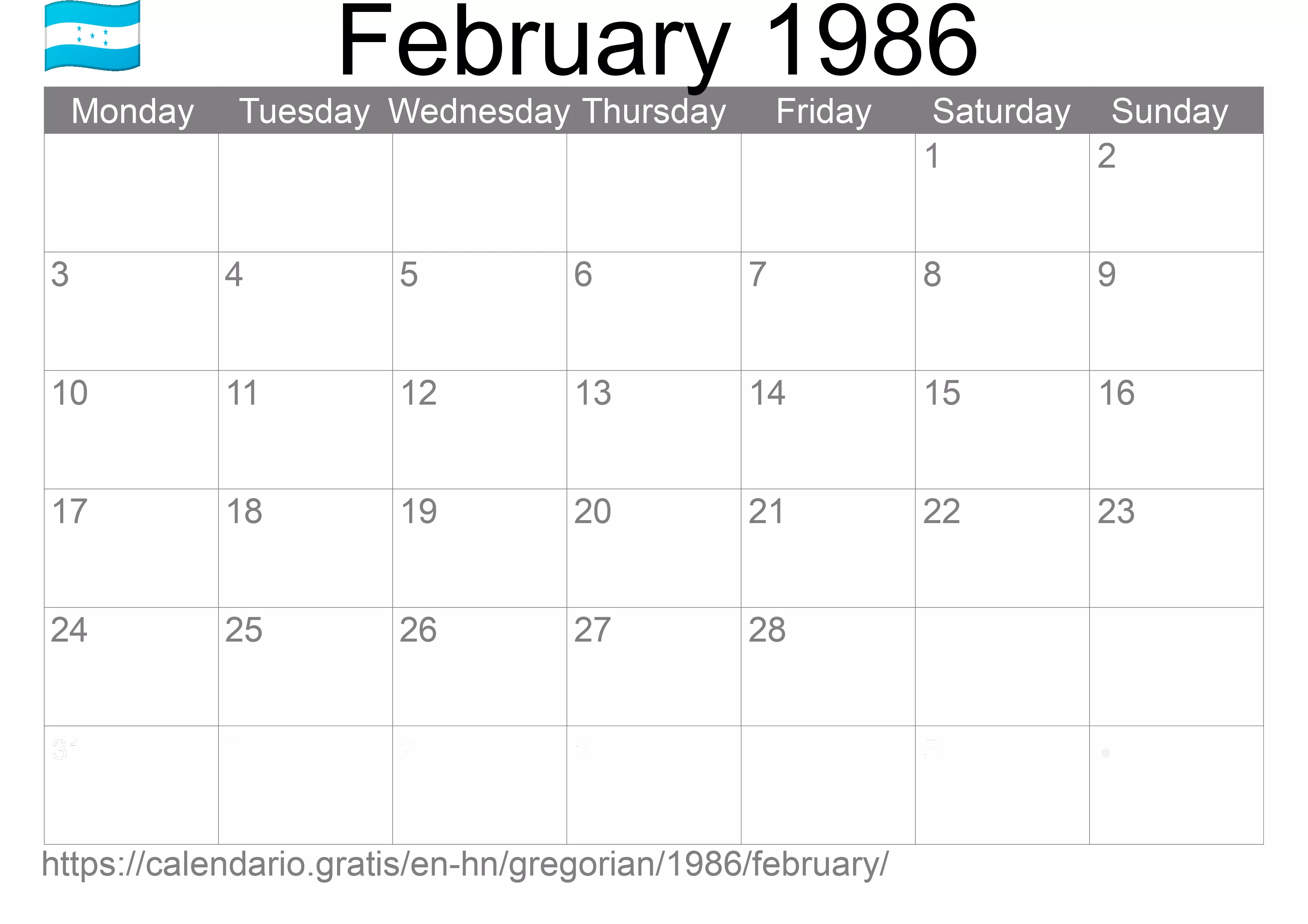 Calendar February 1986 to print (Honduras) Calendar February 1986 to print (Honduras)