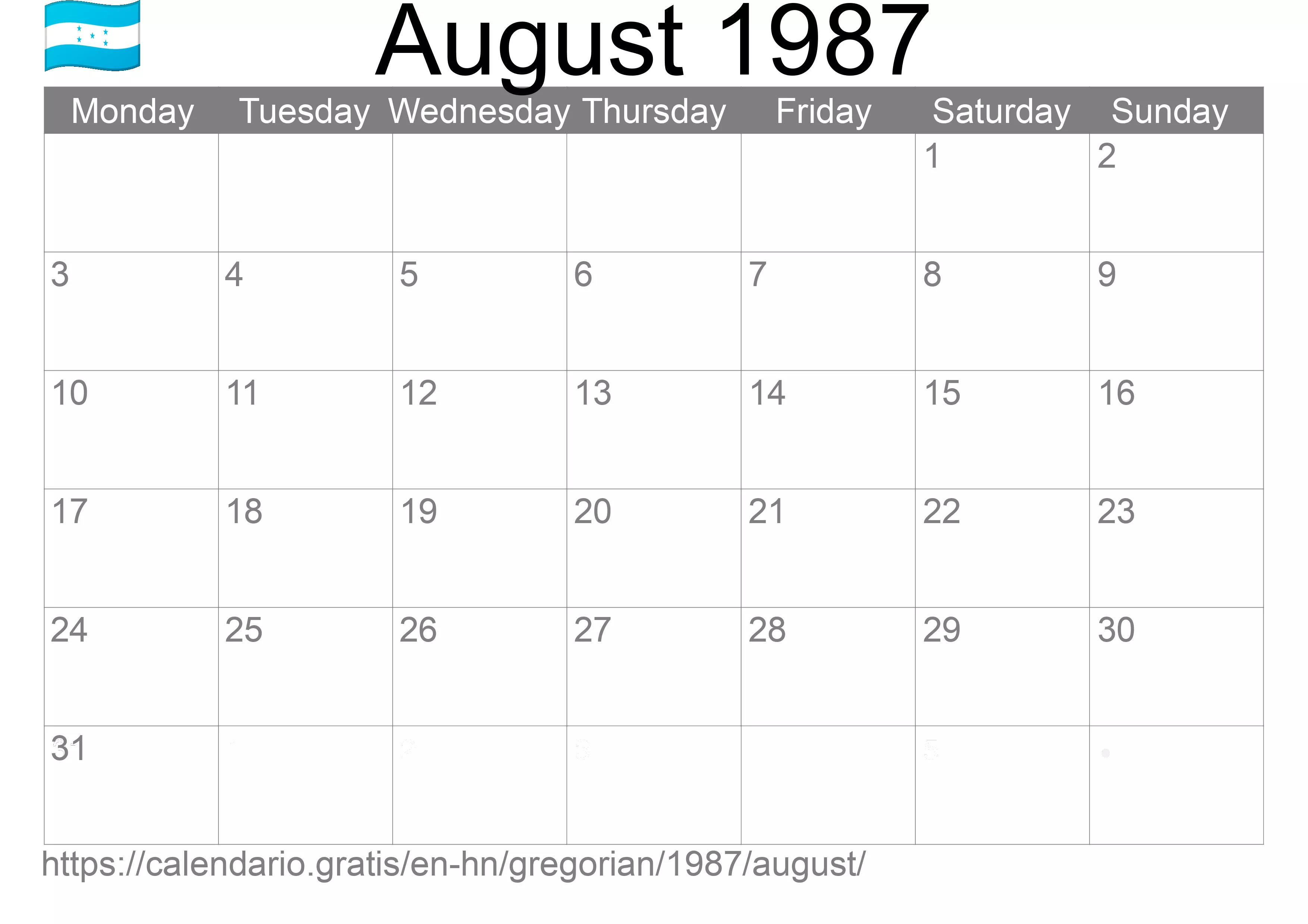 Calendar August 1987 to print (Honduras) Calendar August 1987 to print (Honduras)