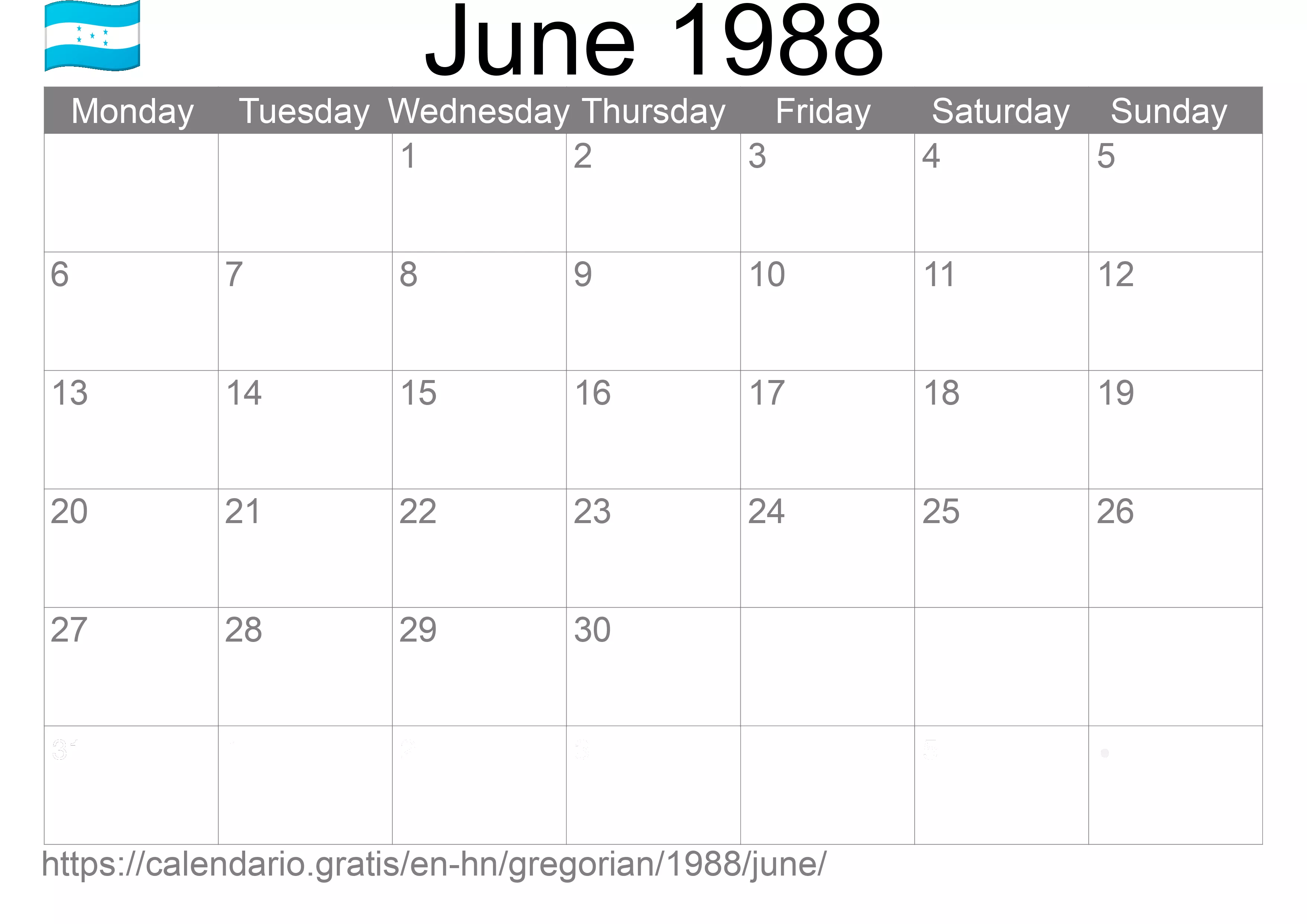 Calendar June 1988 to print (Honduras) Calendar June 1988 to print (Honduras)