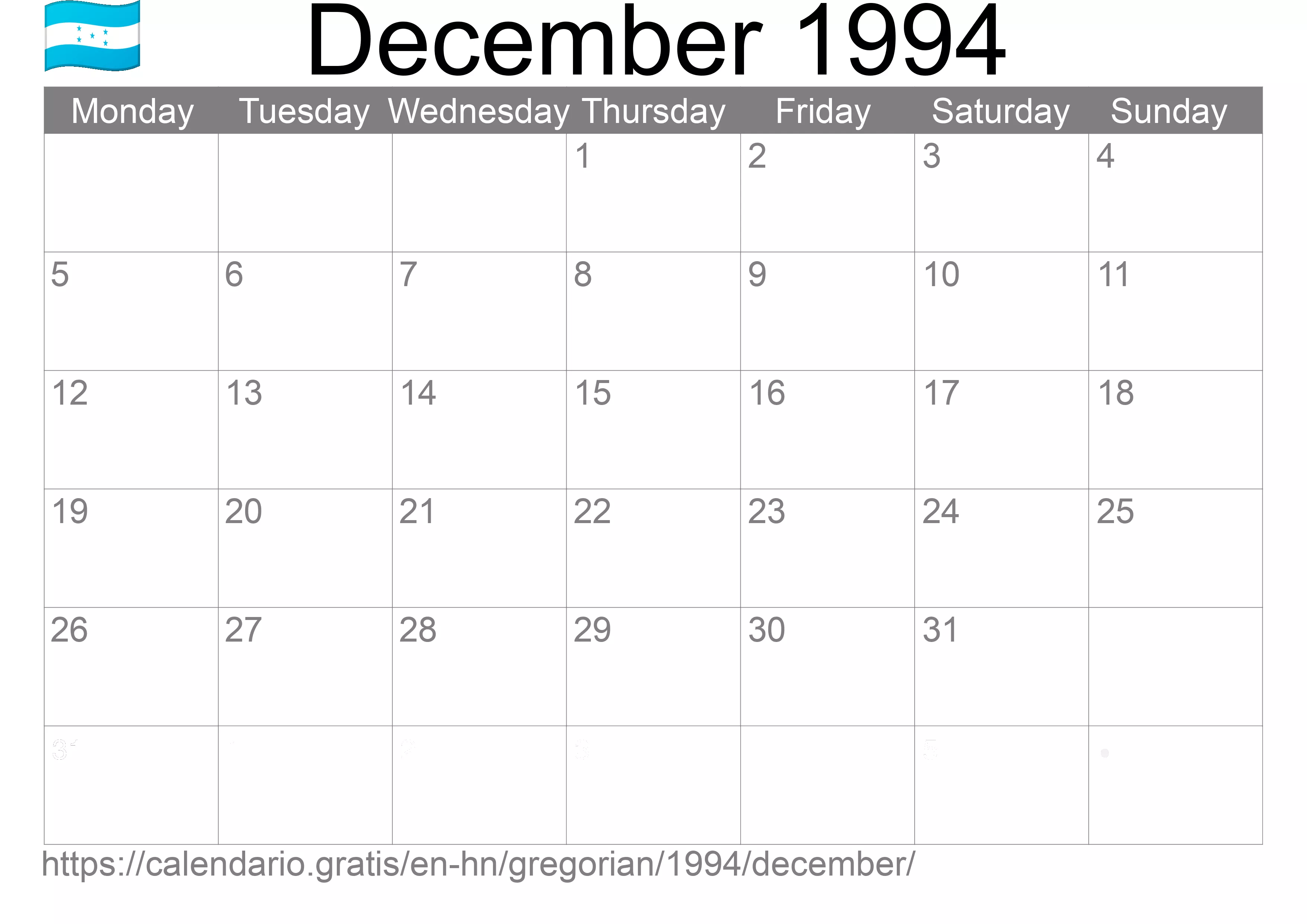 Calendar December 1994 to print (Honduras) Calendar December 1994 to print (Honduras)