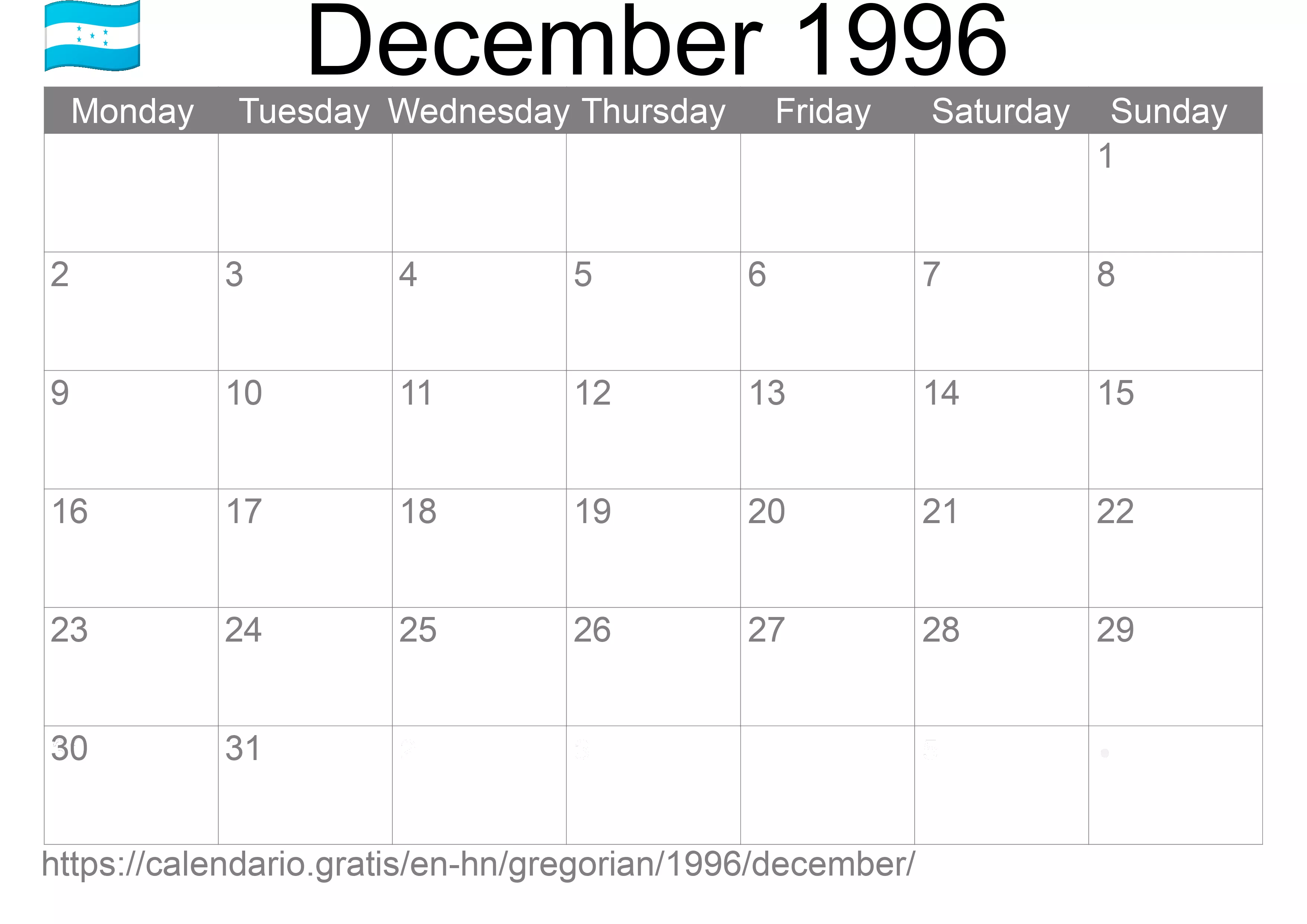 Calendar December 1996 to print (Honduras) Calendar December 1996 to print (Honduras)