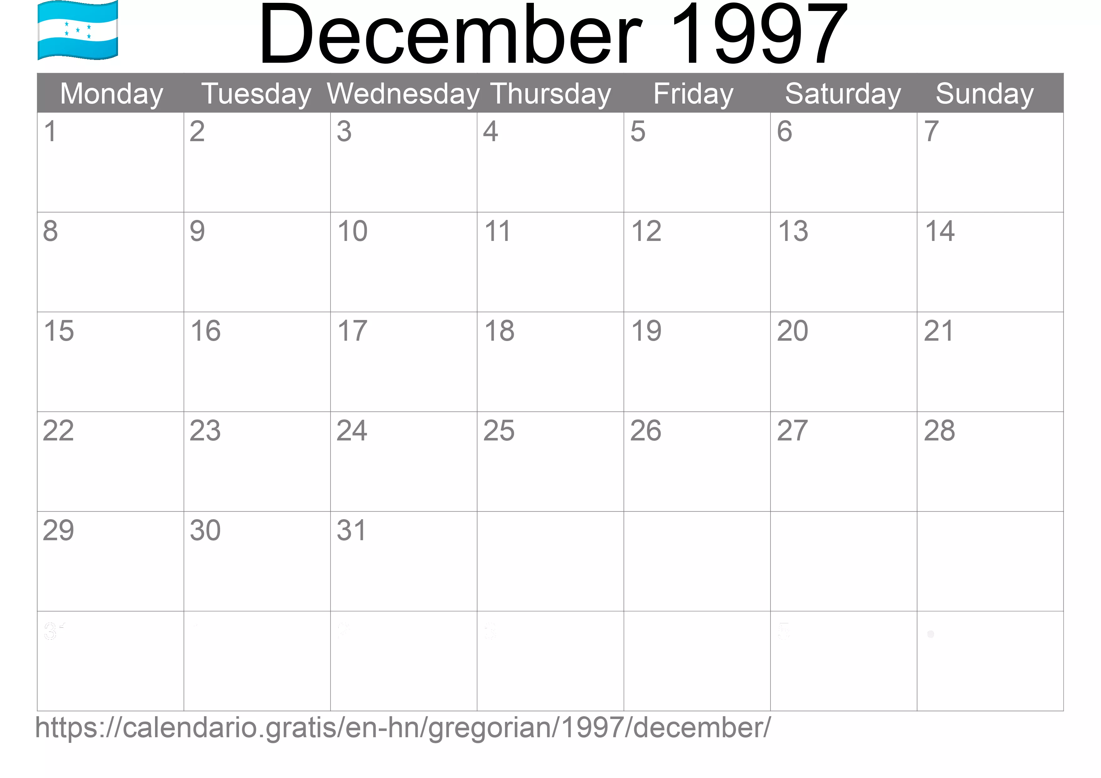 Calendar December 1997 to print (Honduras) Calendar December 1997 to print (Honduras)