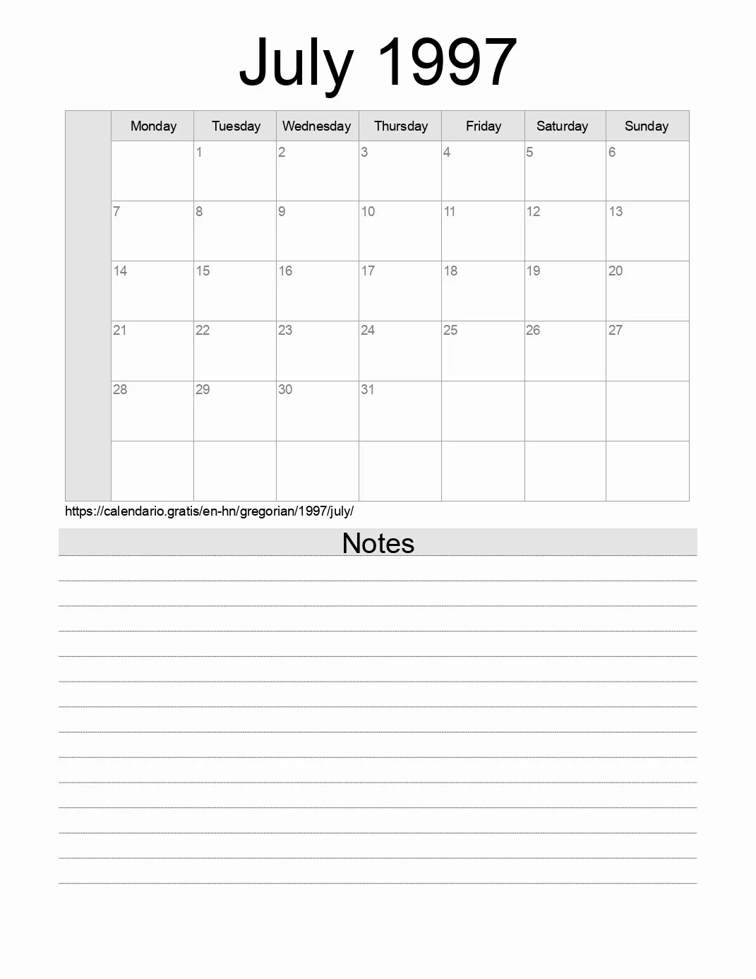 Calendar for printing with notes for 1997 July . (Honduras)