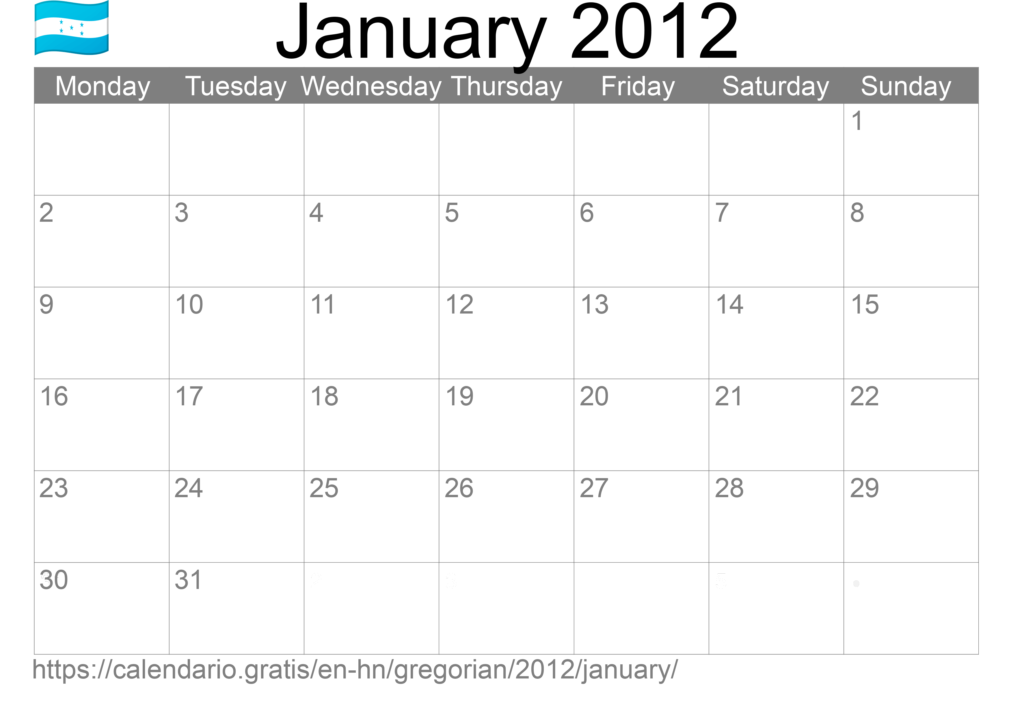 Calendar January 2012 to print