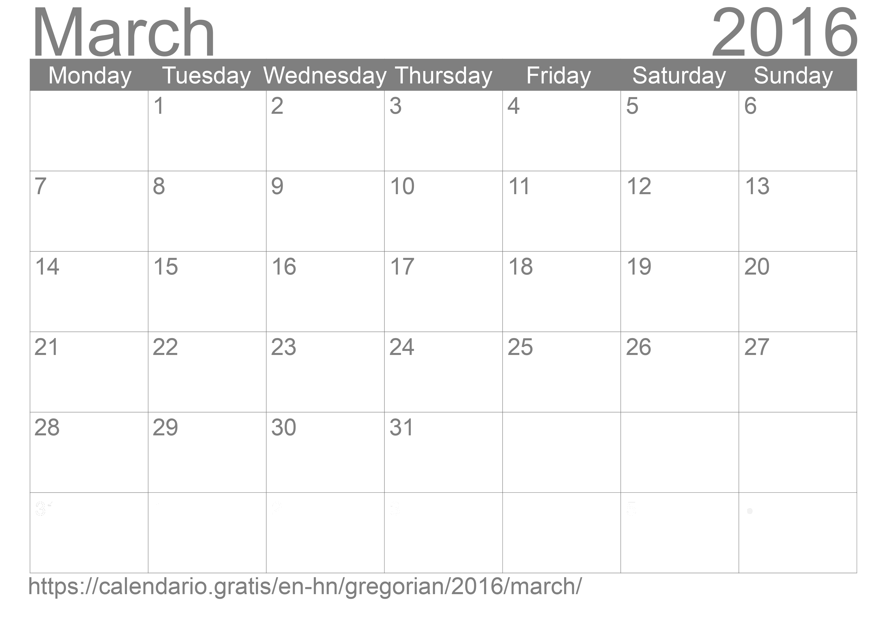 Calendar March 2016 to print
