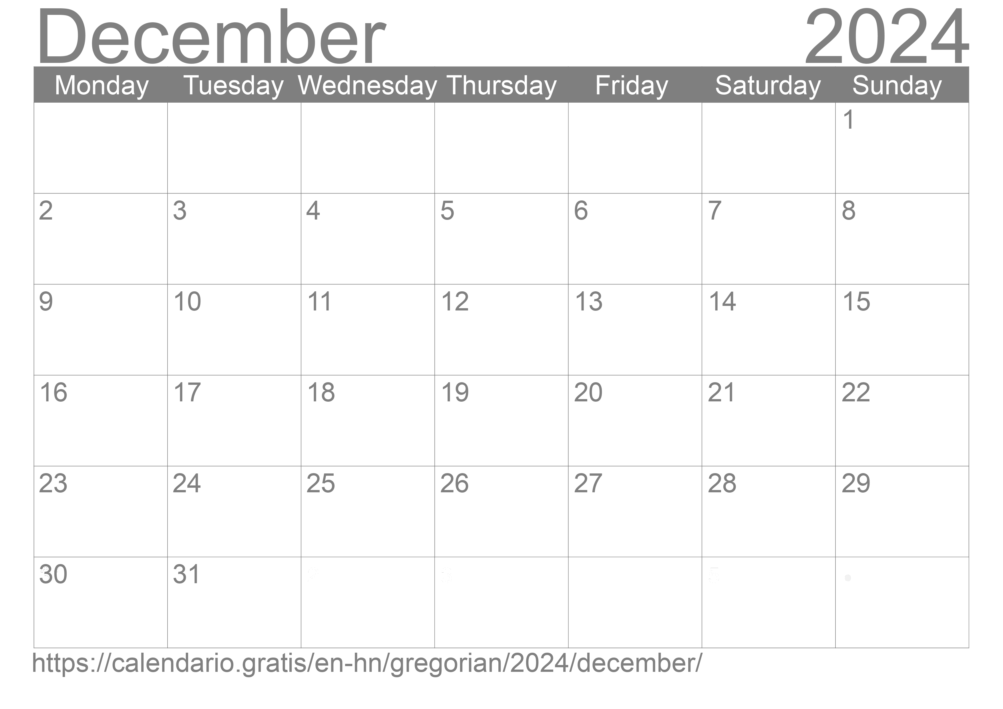 Calendar December 2024 to print
