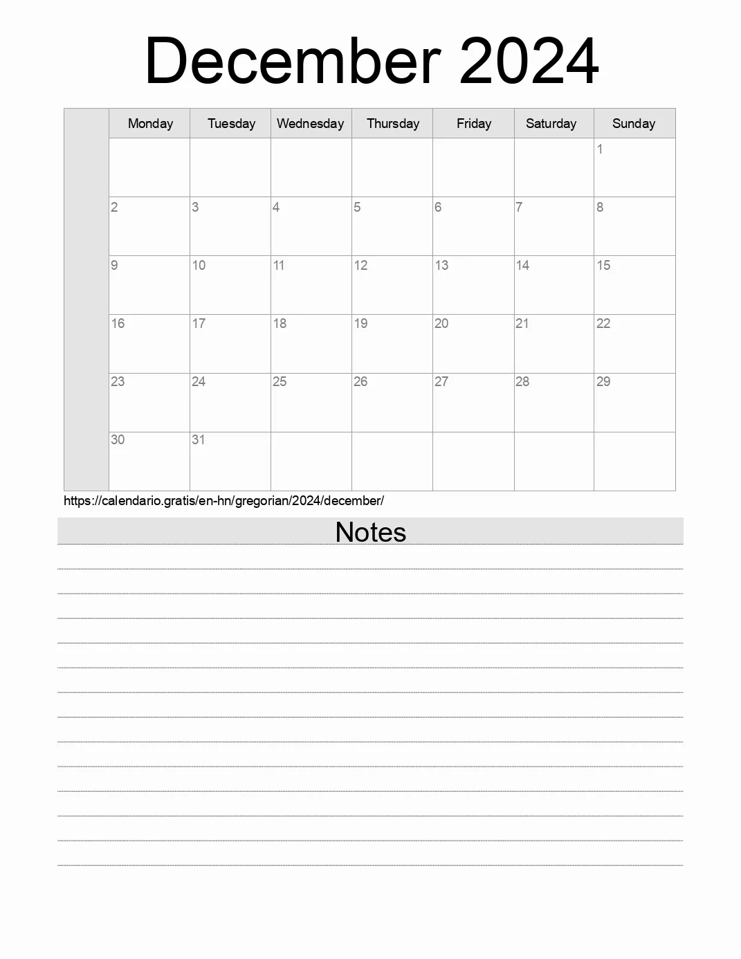 Calendar for printing with notes for 2024 December . (Honduras) Calendar for printing with notes for 2024 December . (Honduras)