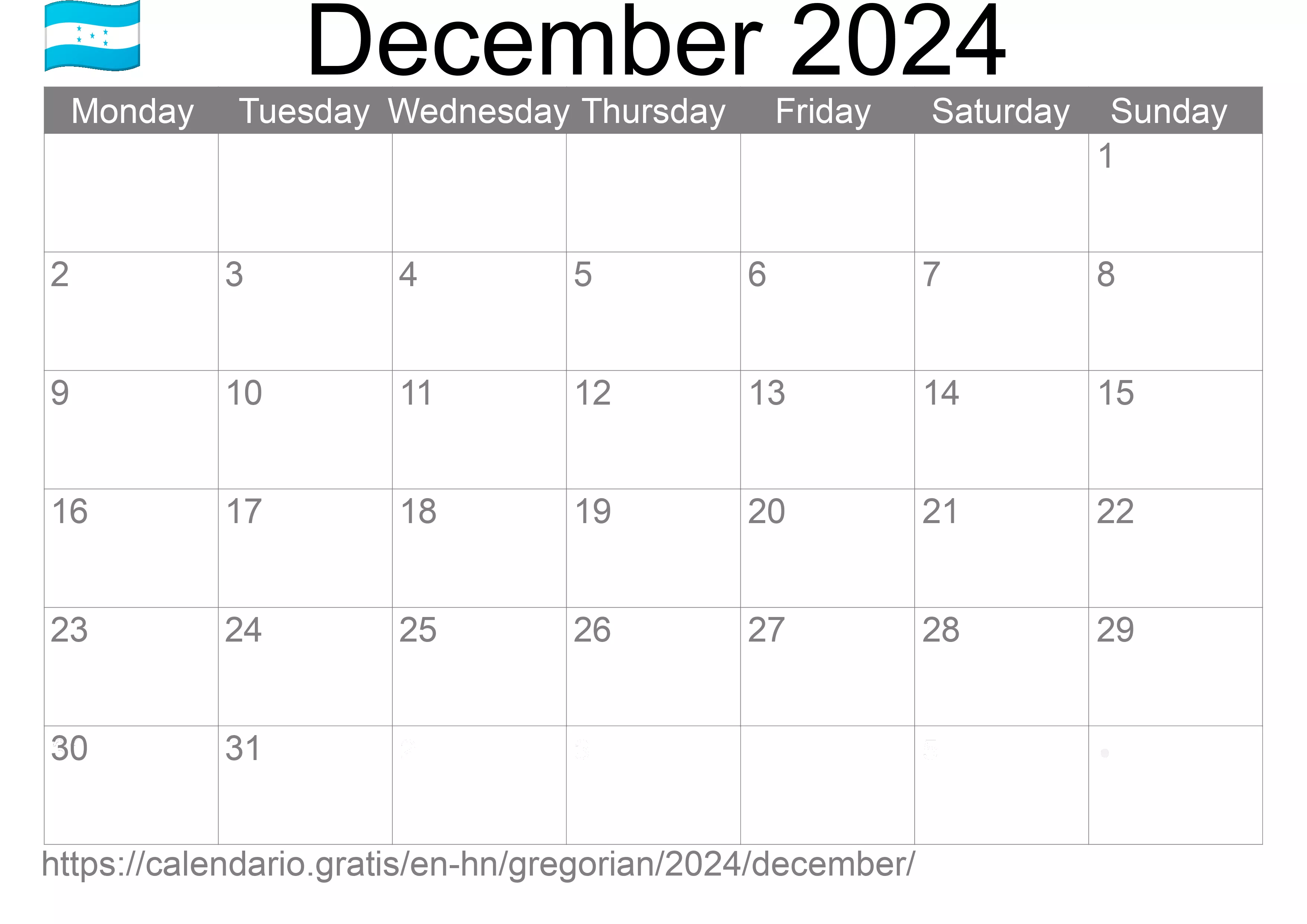 Calendar December 2024 to print (Honduras) Calendar December 2024 to print (Honduras)