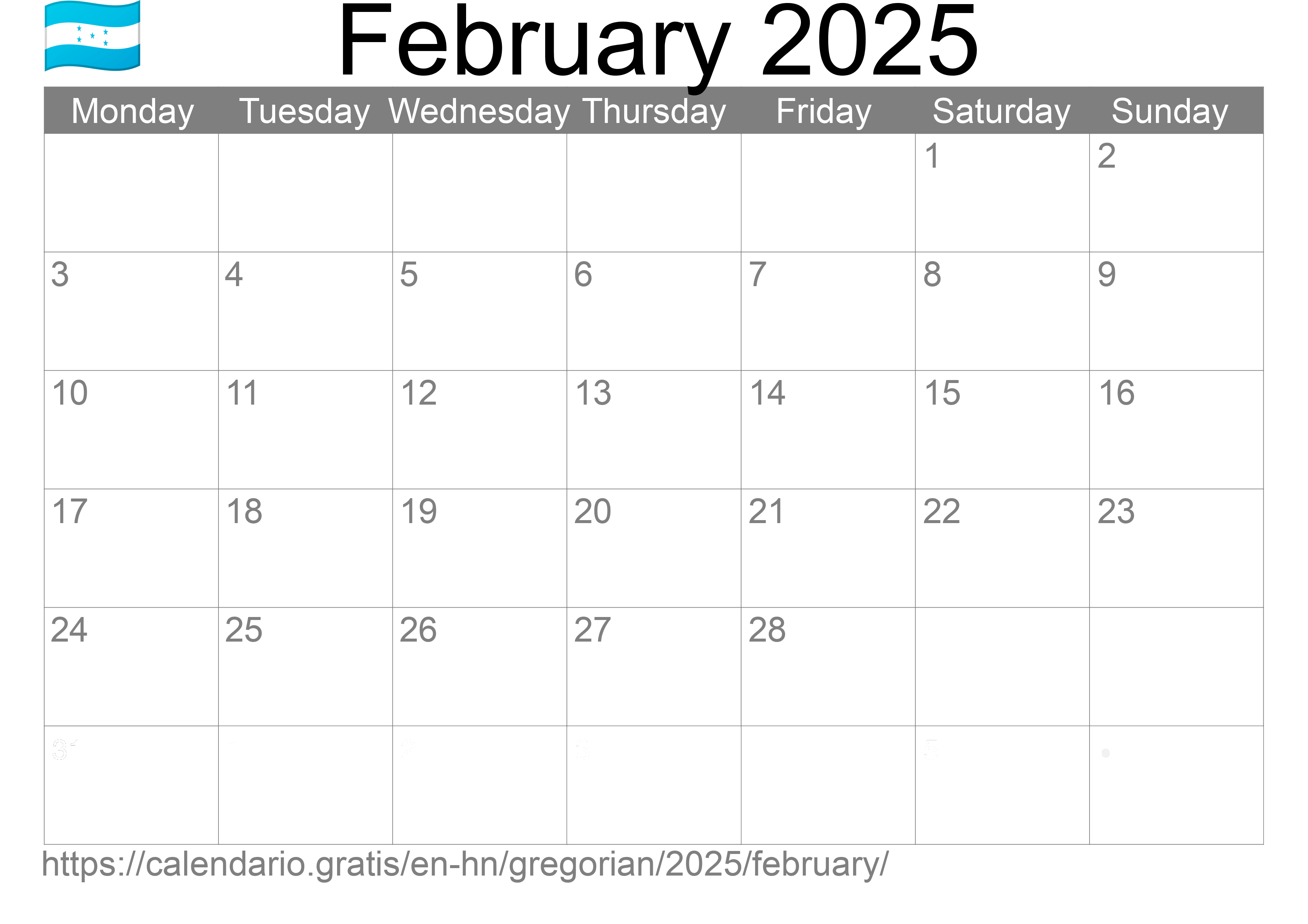 Calendar February 2025 to print