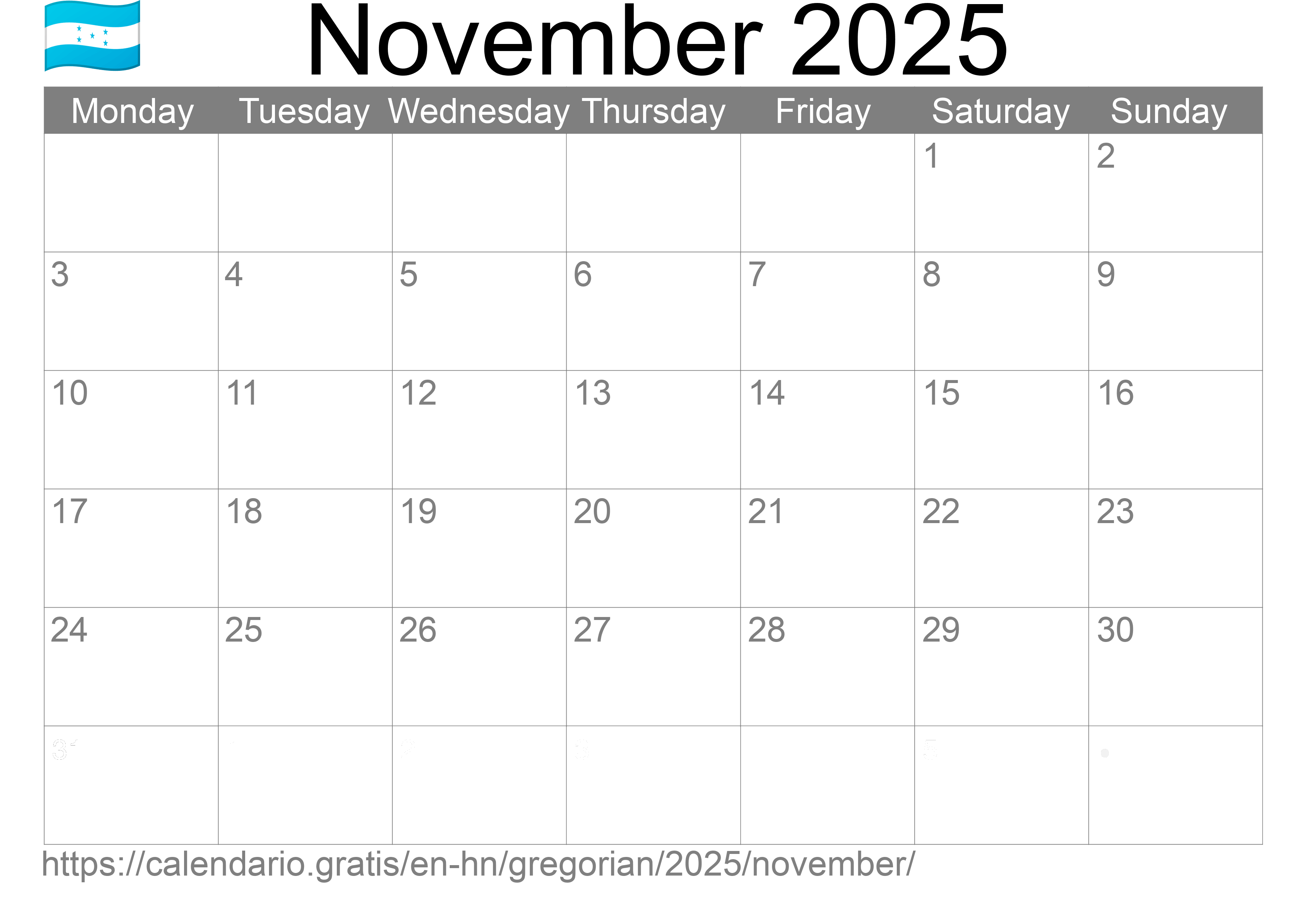 Calendar November 2025 to print