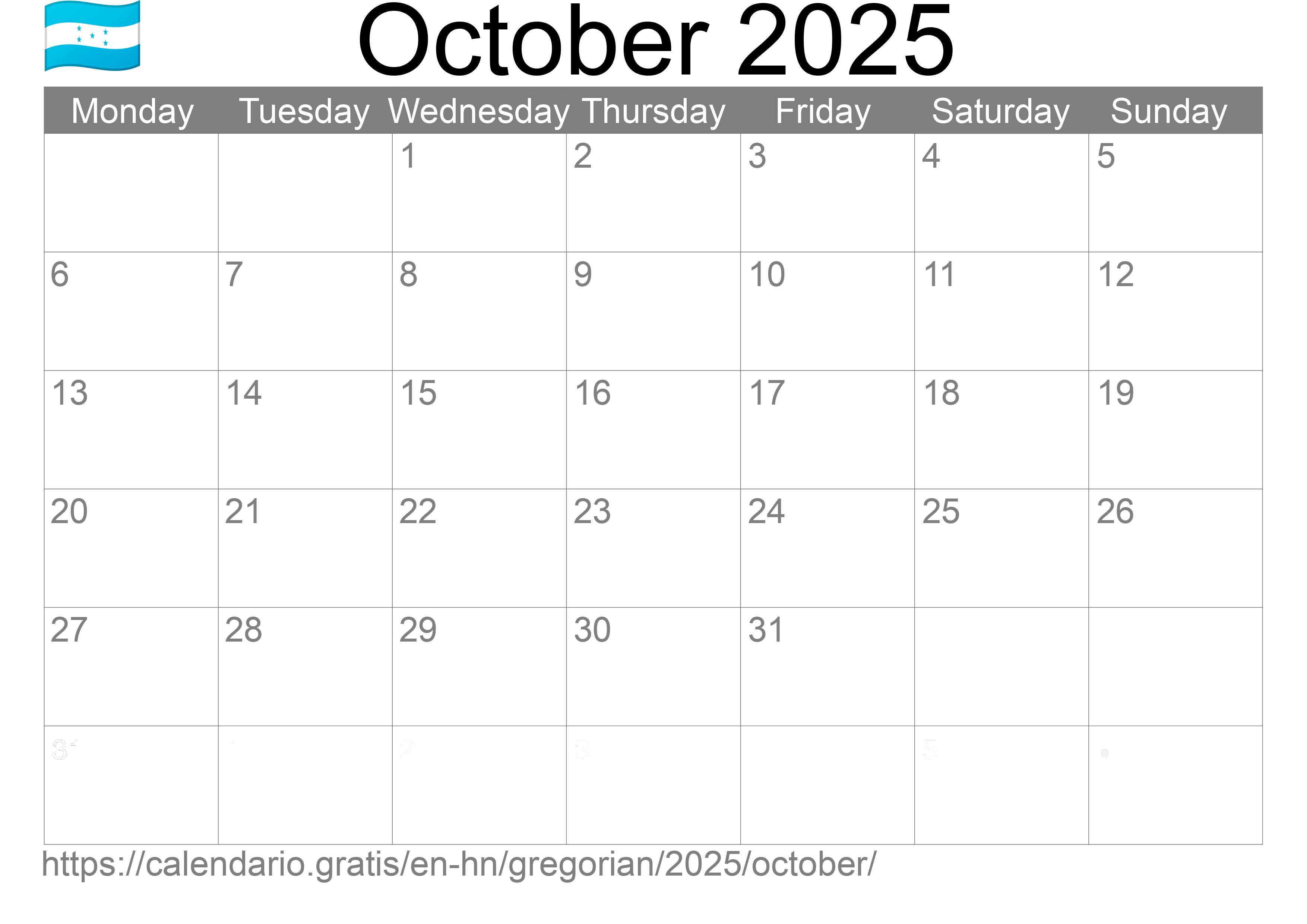 Calendar October 2025 to print