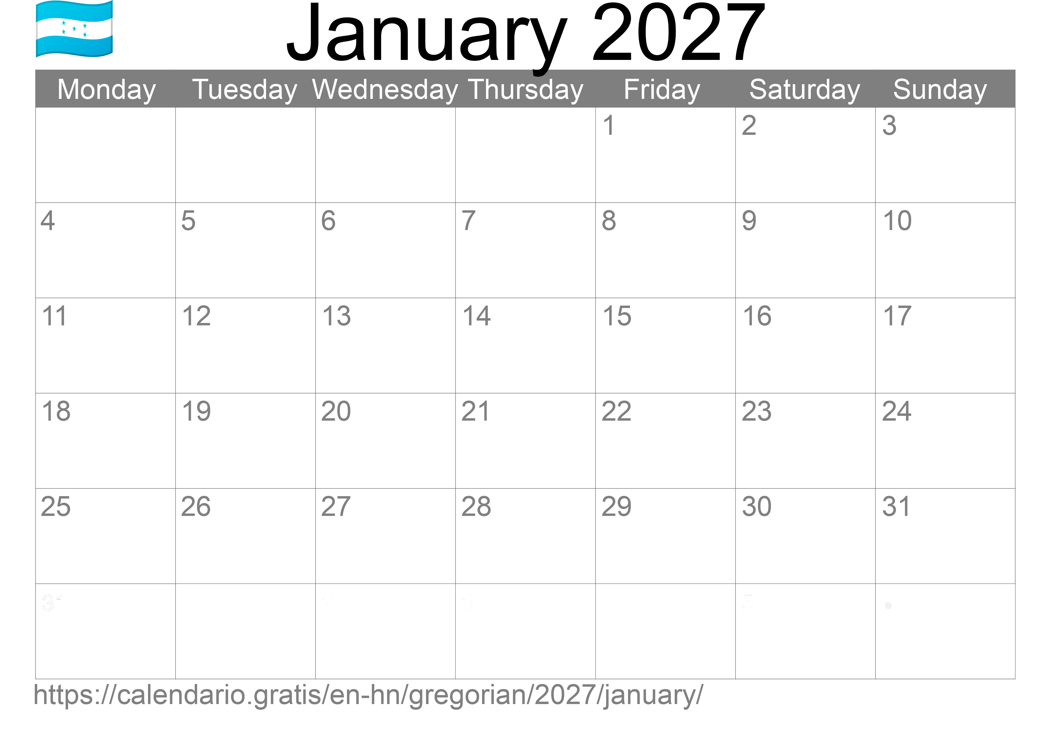 Calendar January 2027 to print