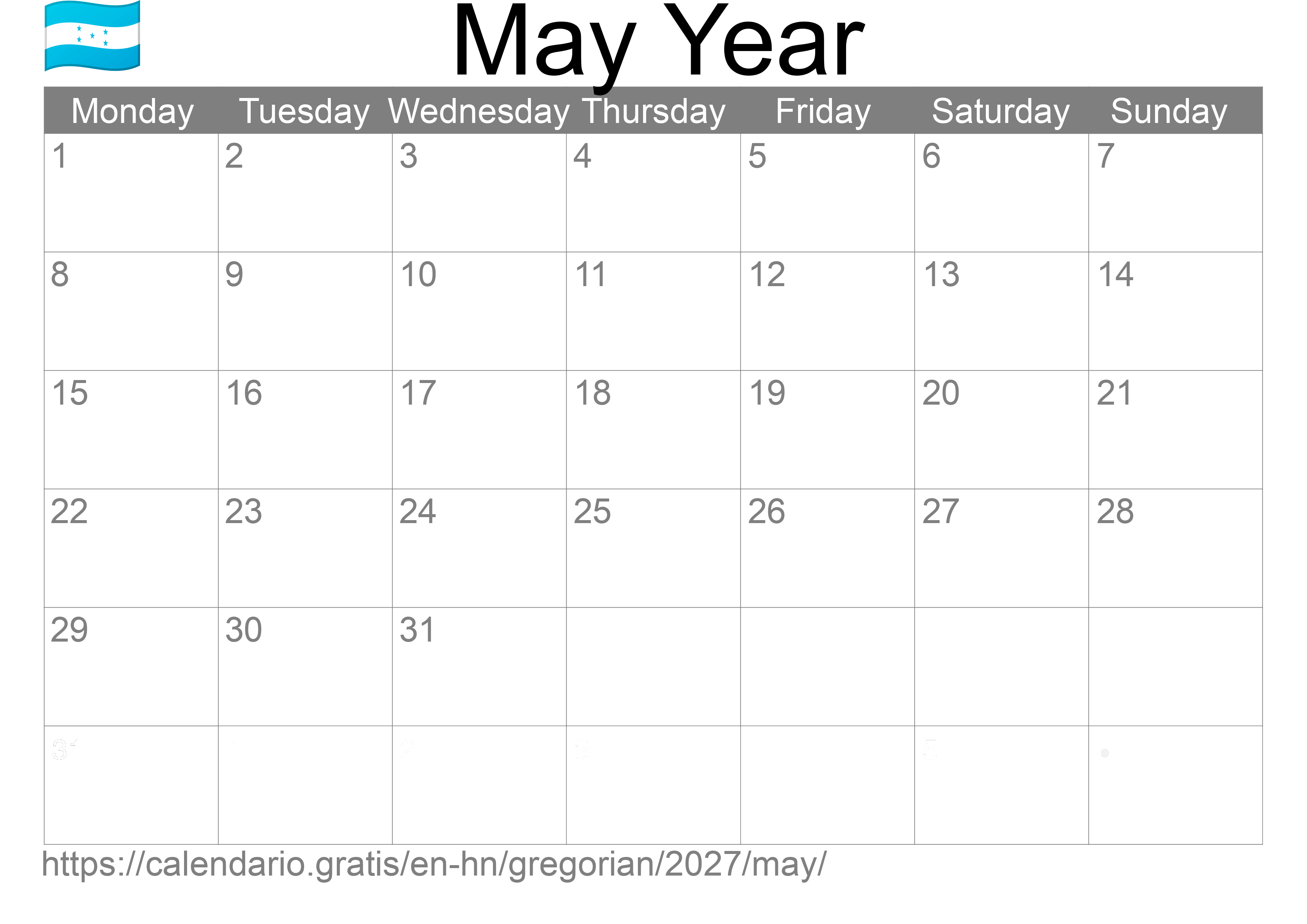 Calendar May 2027 to print