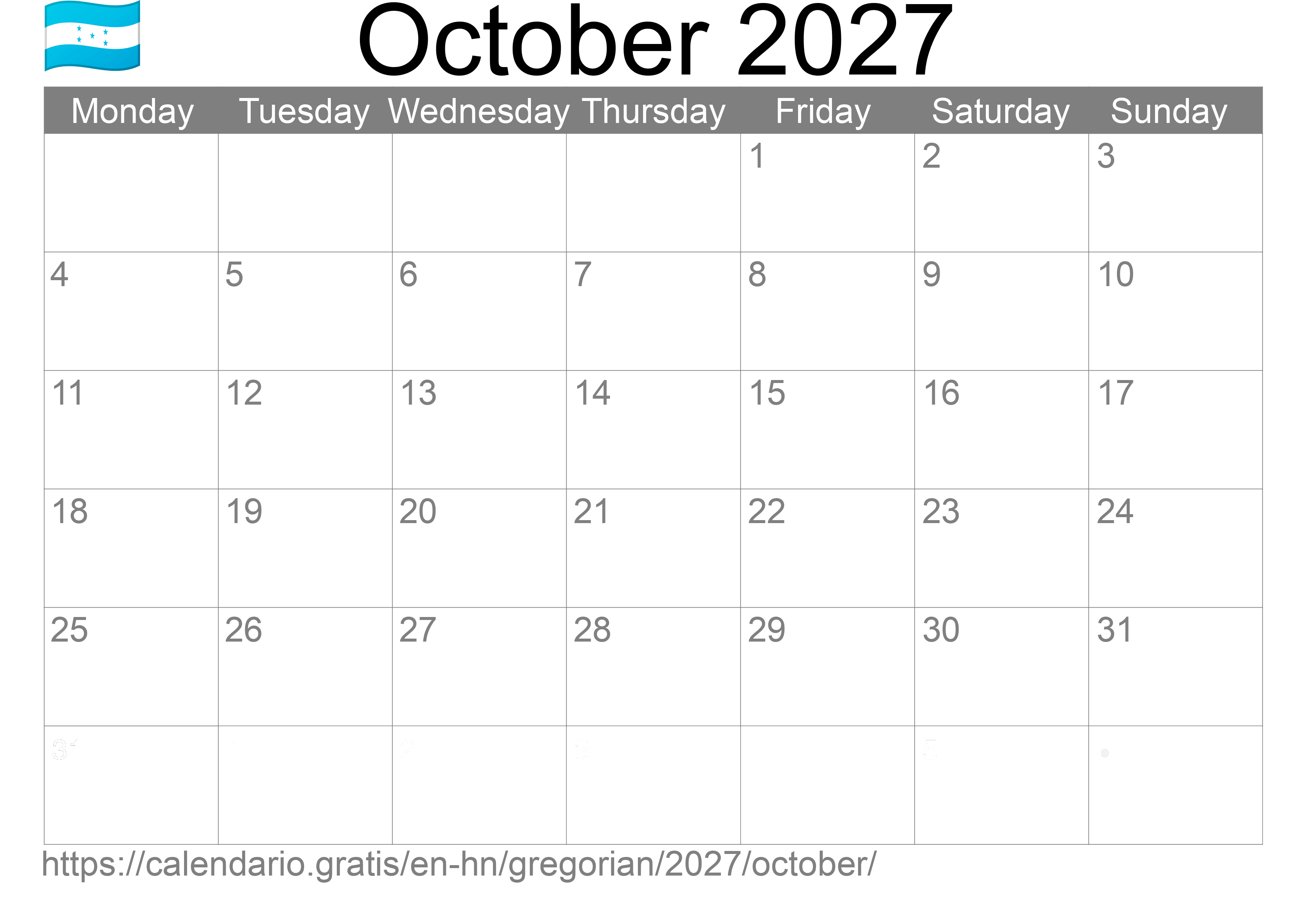 Calendar October 2027 to print