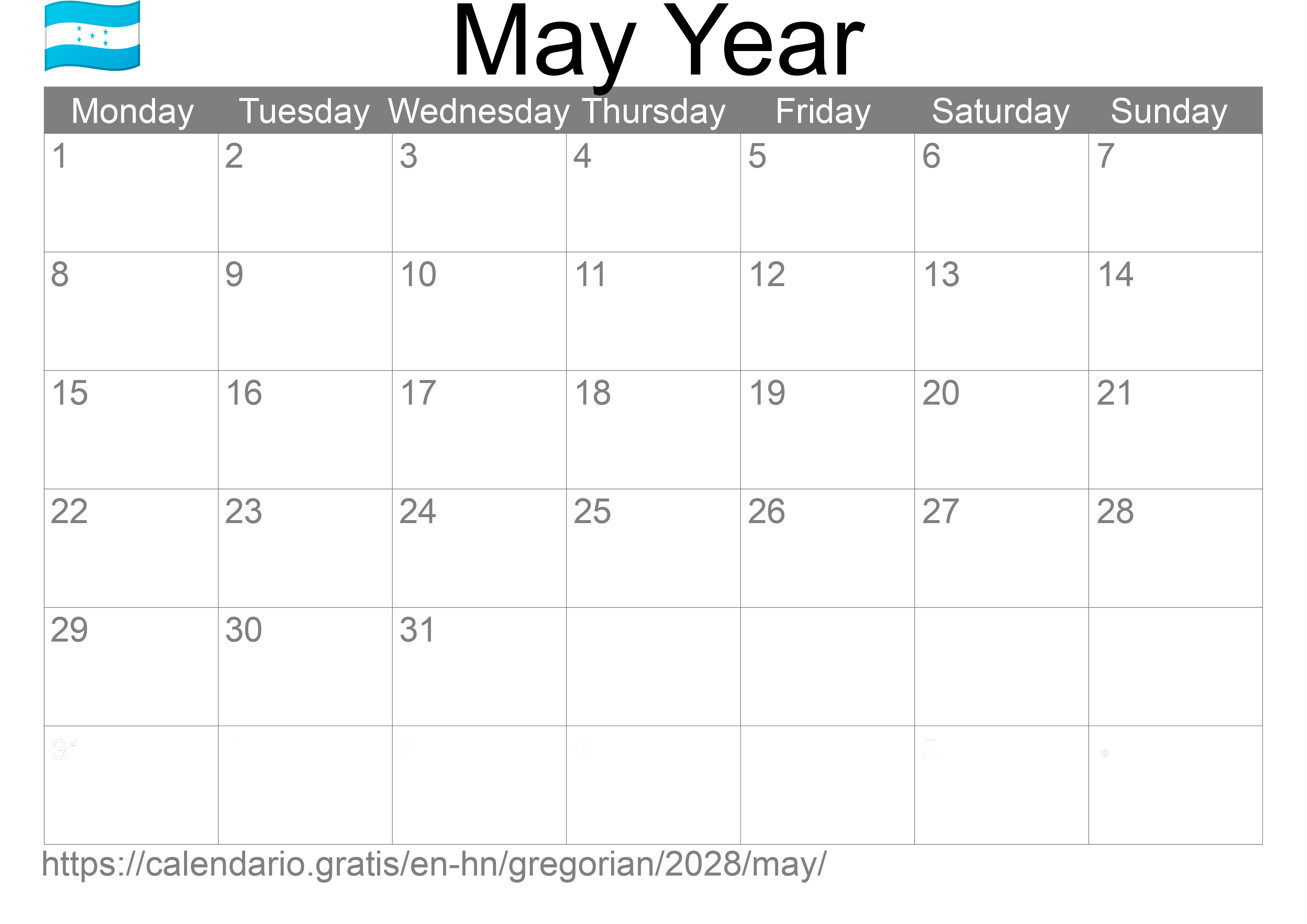 Calendar May 2028 to print