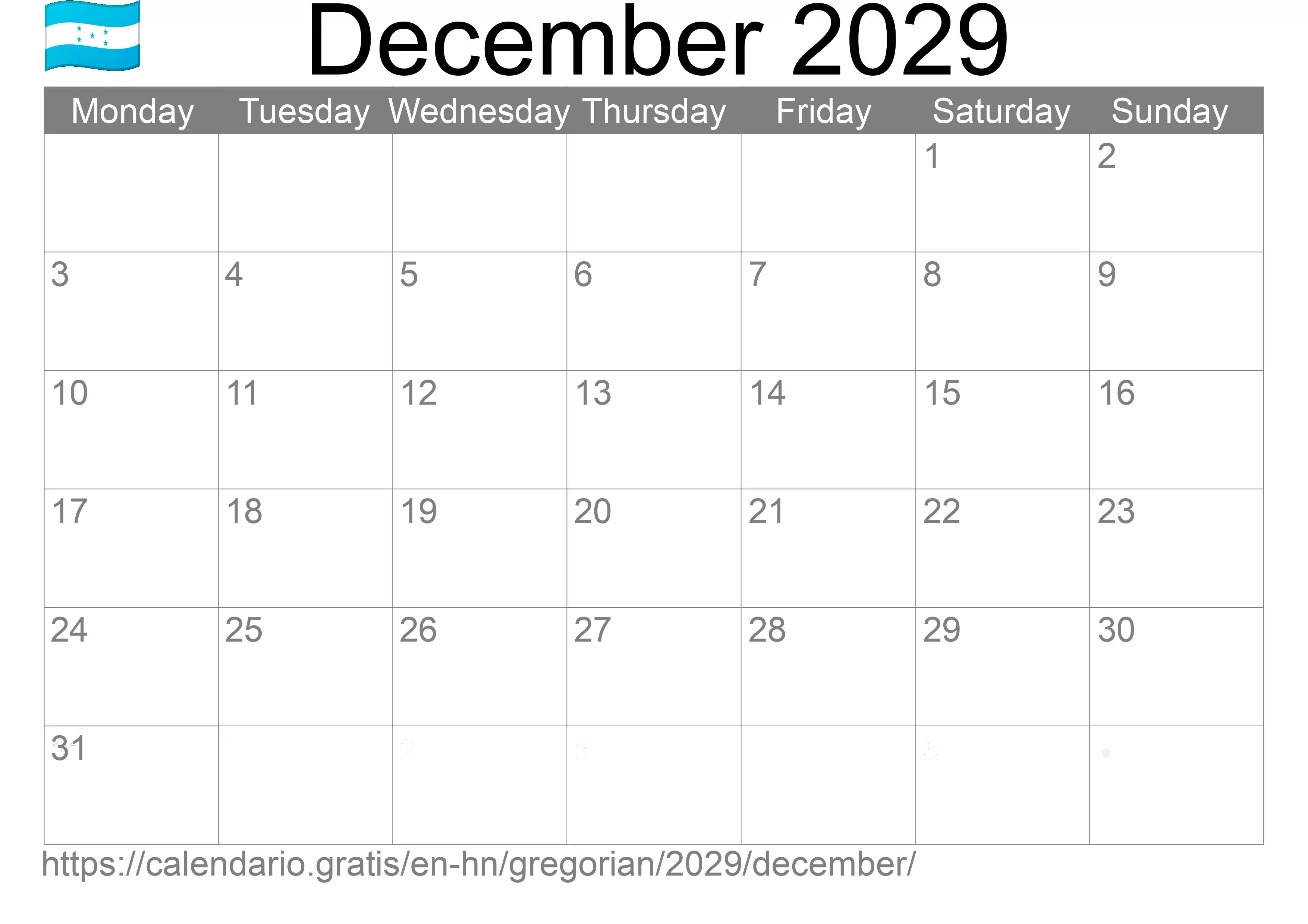 Calendar December 2029 to print (Honduras) Calendar December 2029 to print (Honduras)