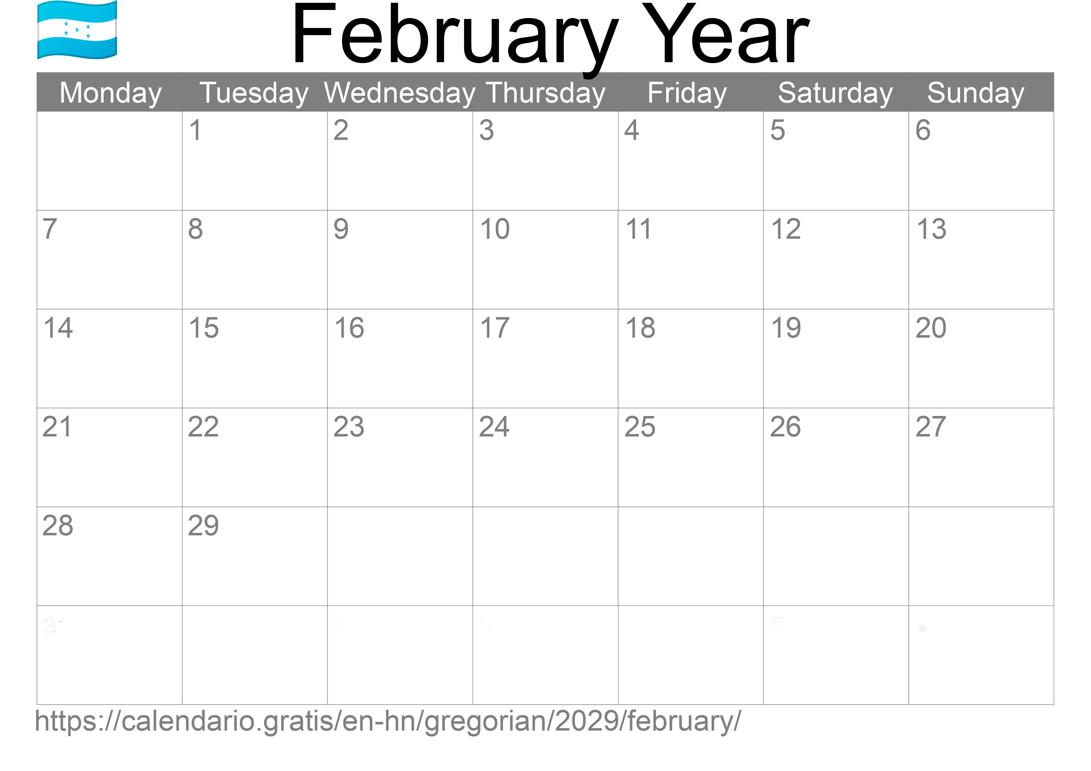 Calendar February 2029 to print