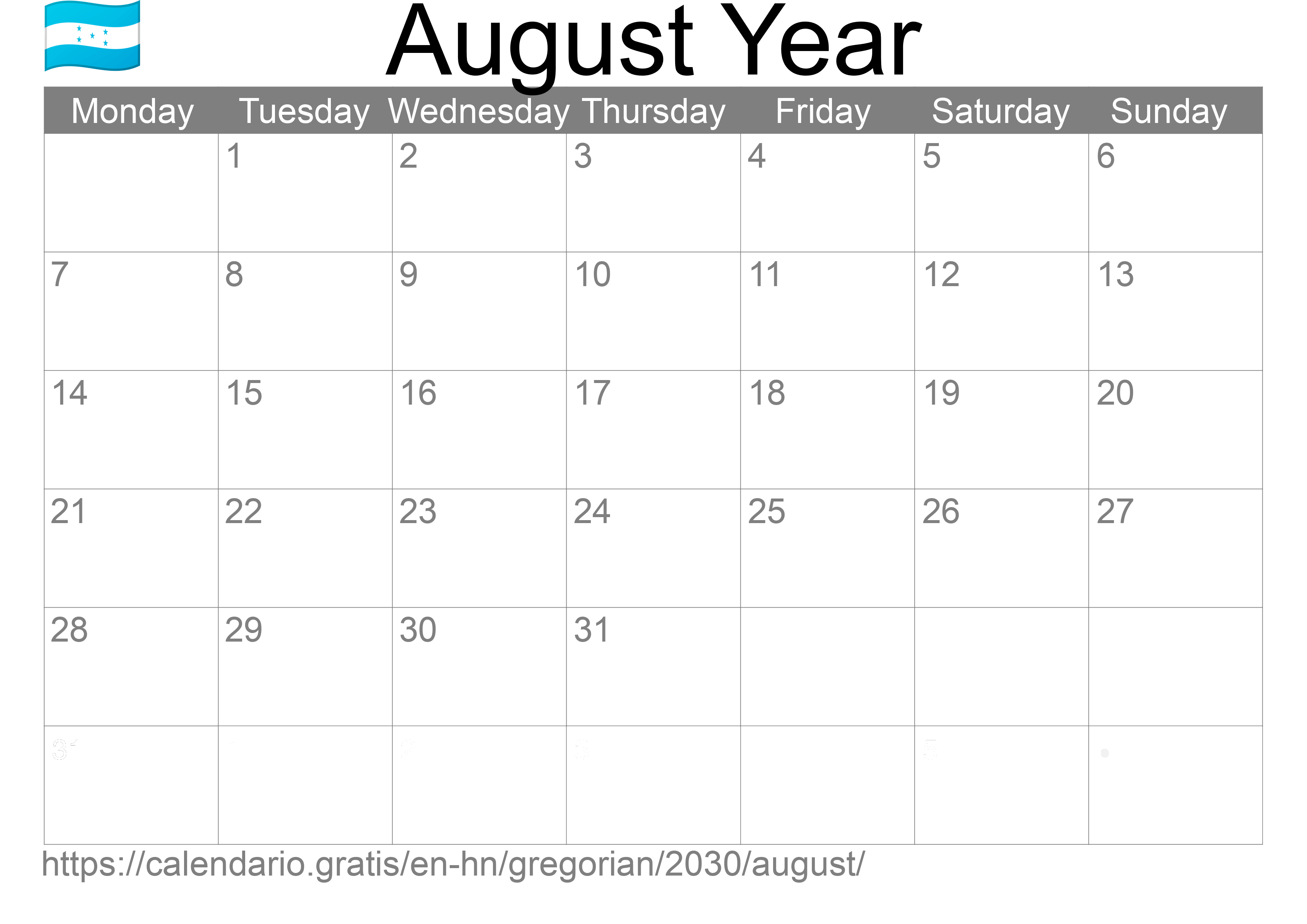 Calendar August 2030 to print