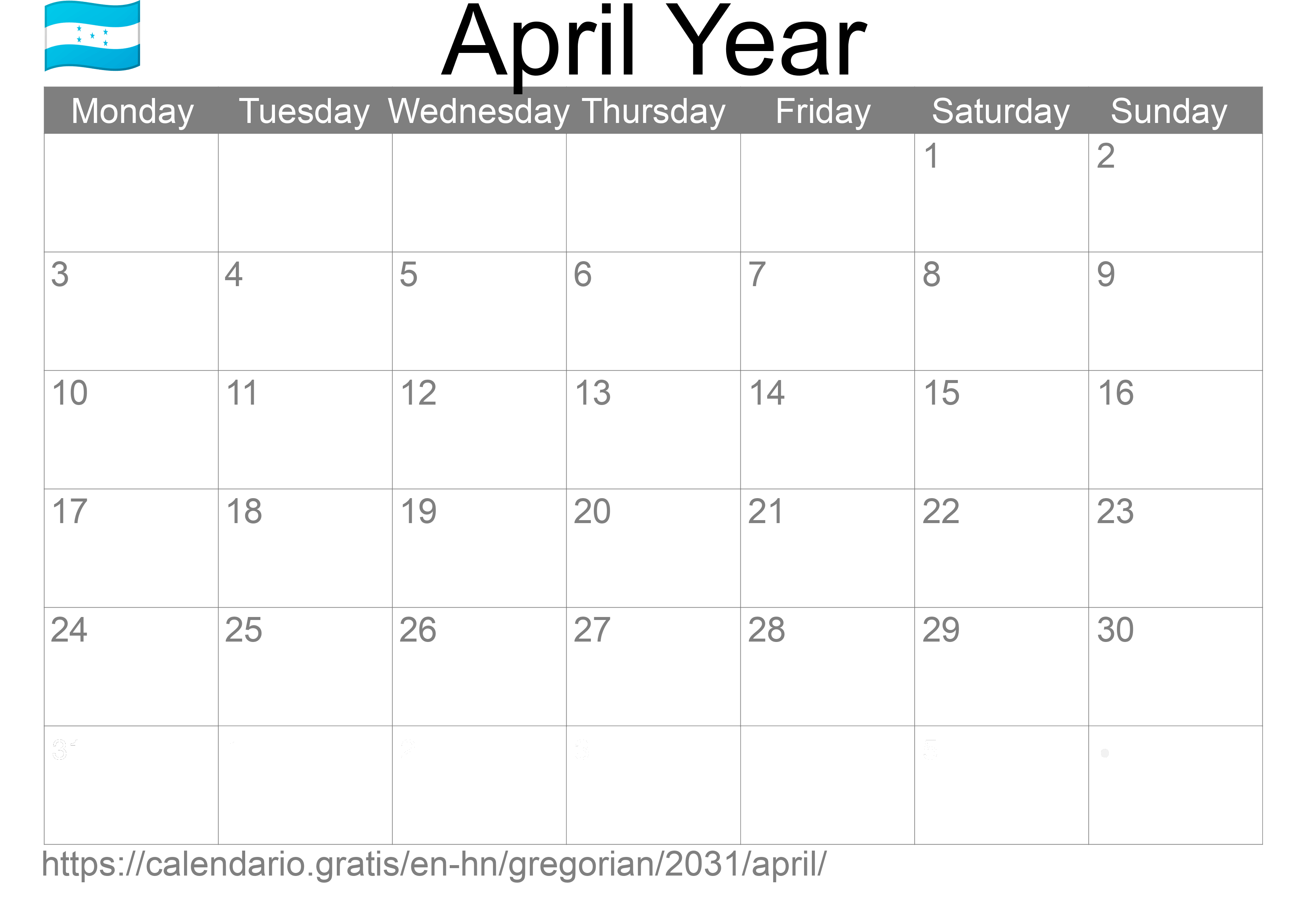 Calendar April 2031 to print