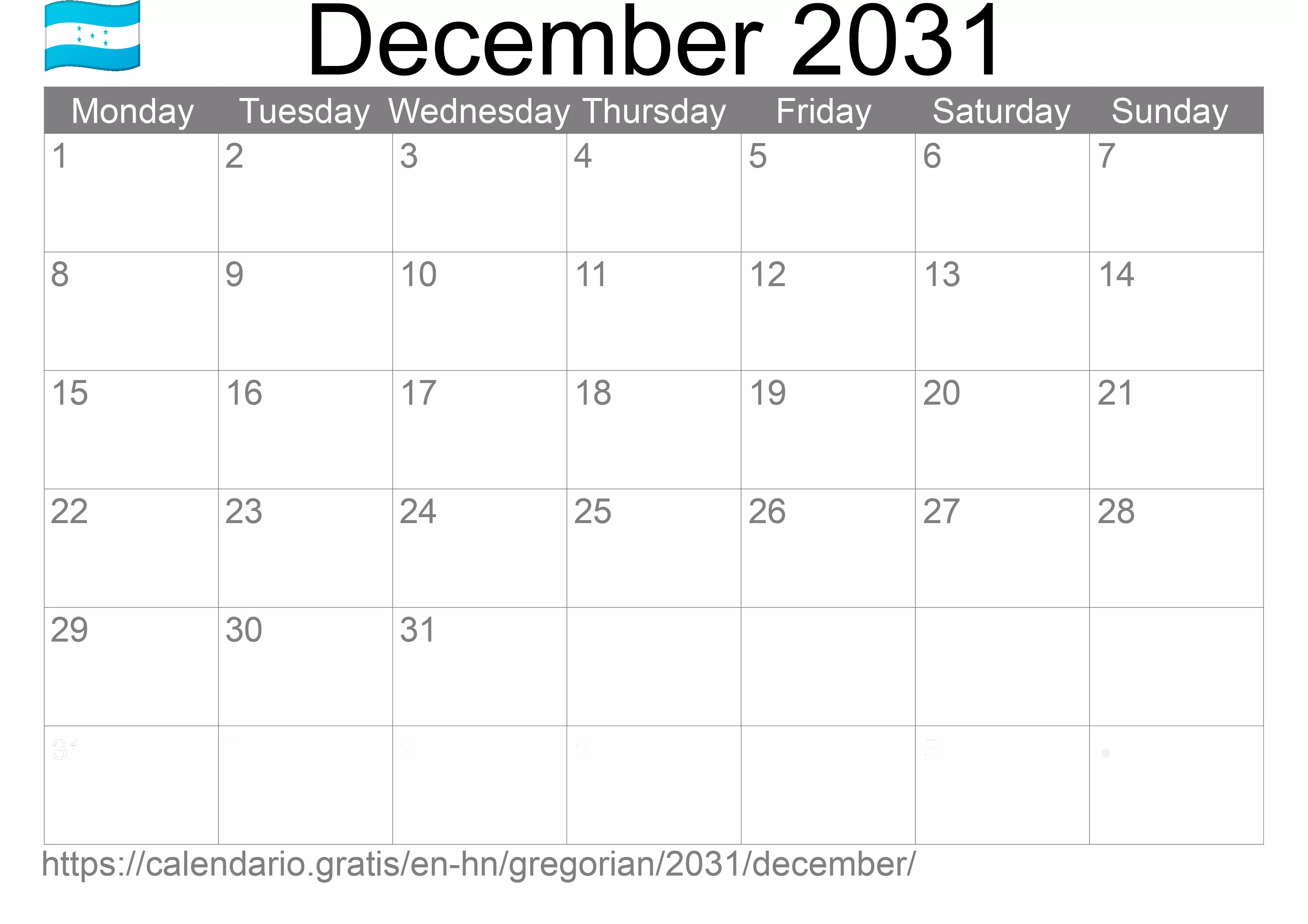 Calendar December 2031 to print (Honduras) Calendar December 2031 to print (Honduras)