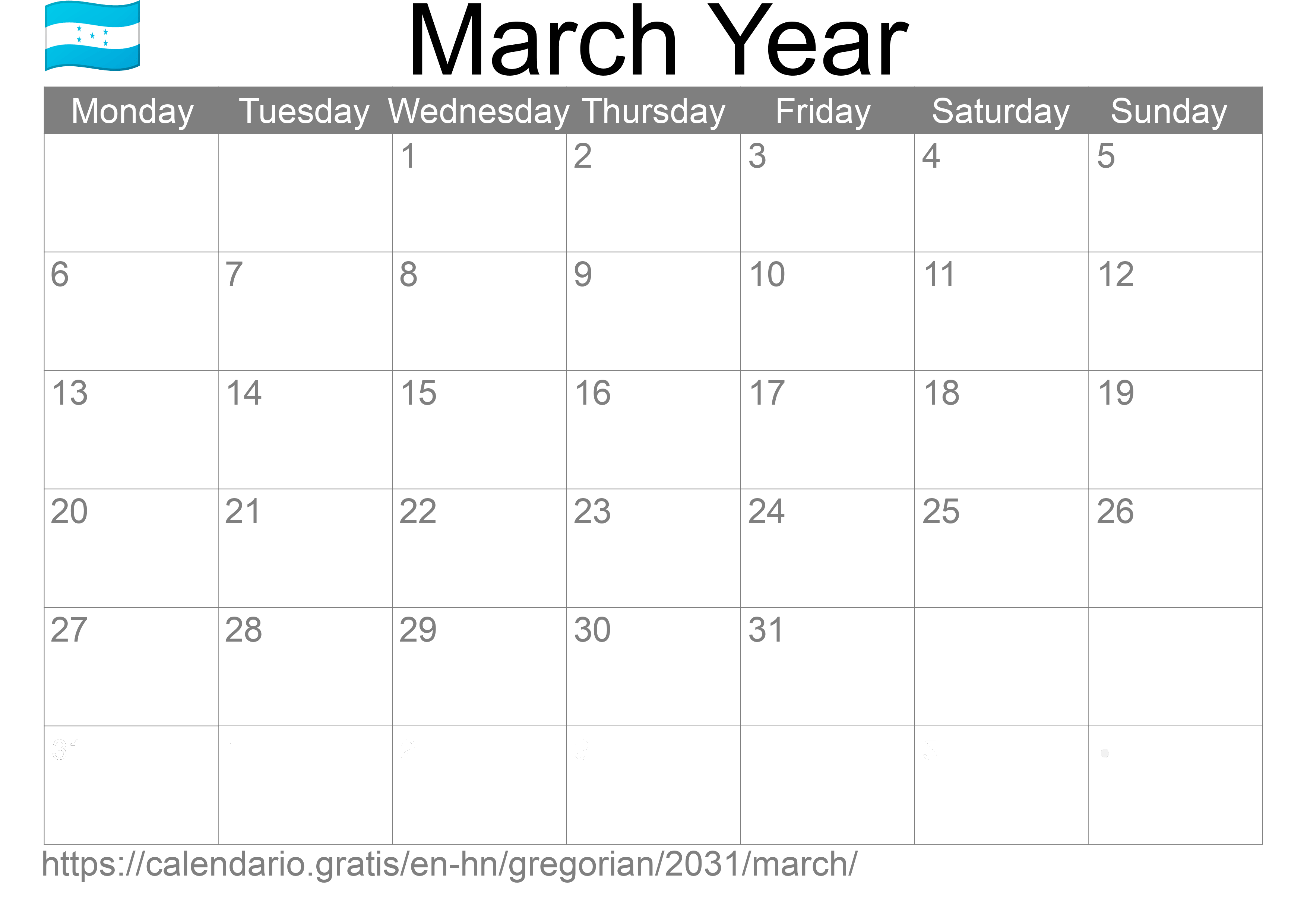 Calendar March 2031 to print