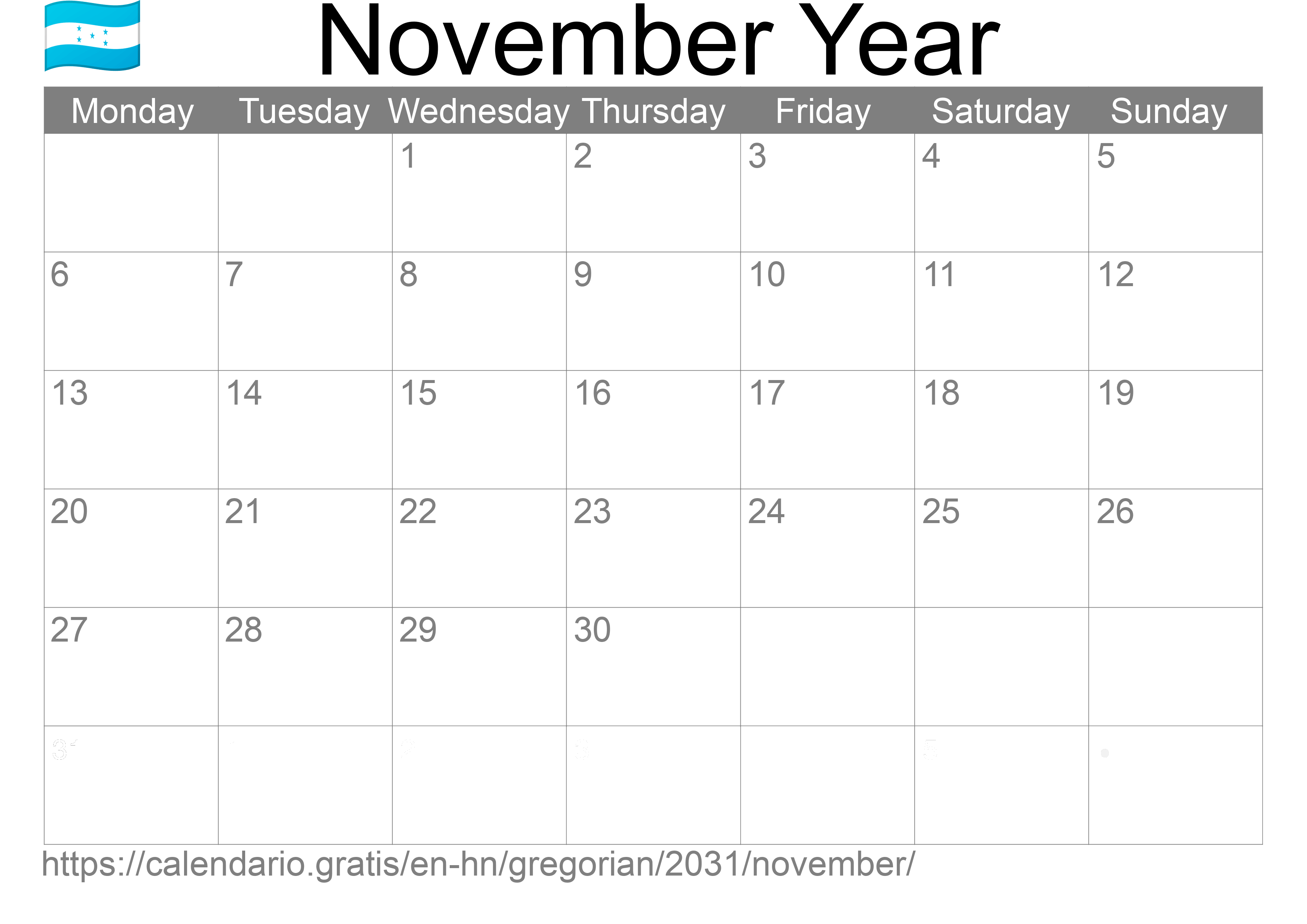 Calendar November 2031 to print