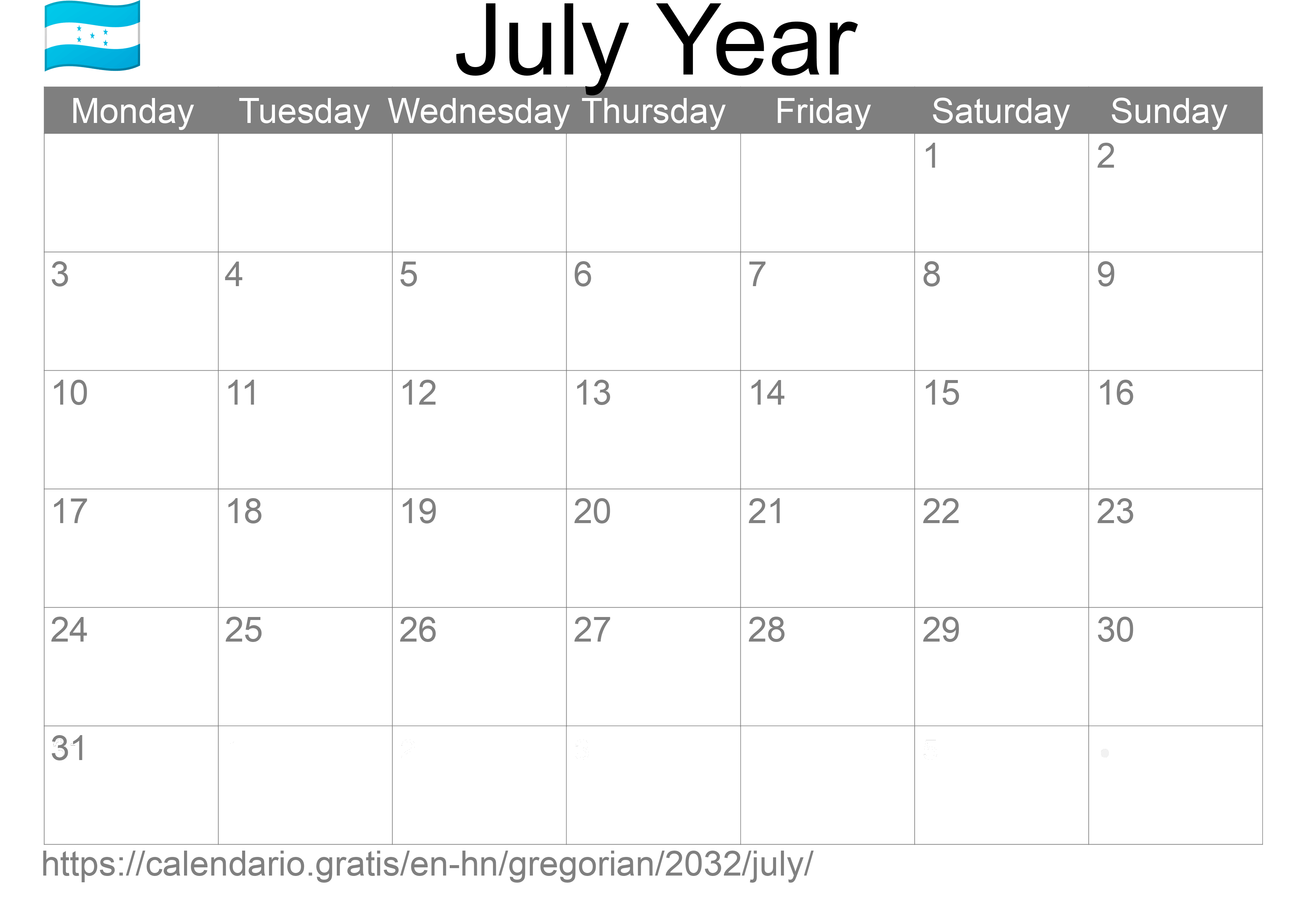 Calendar July 2032 to print