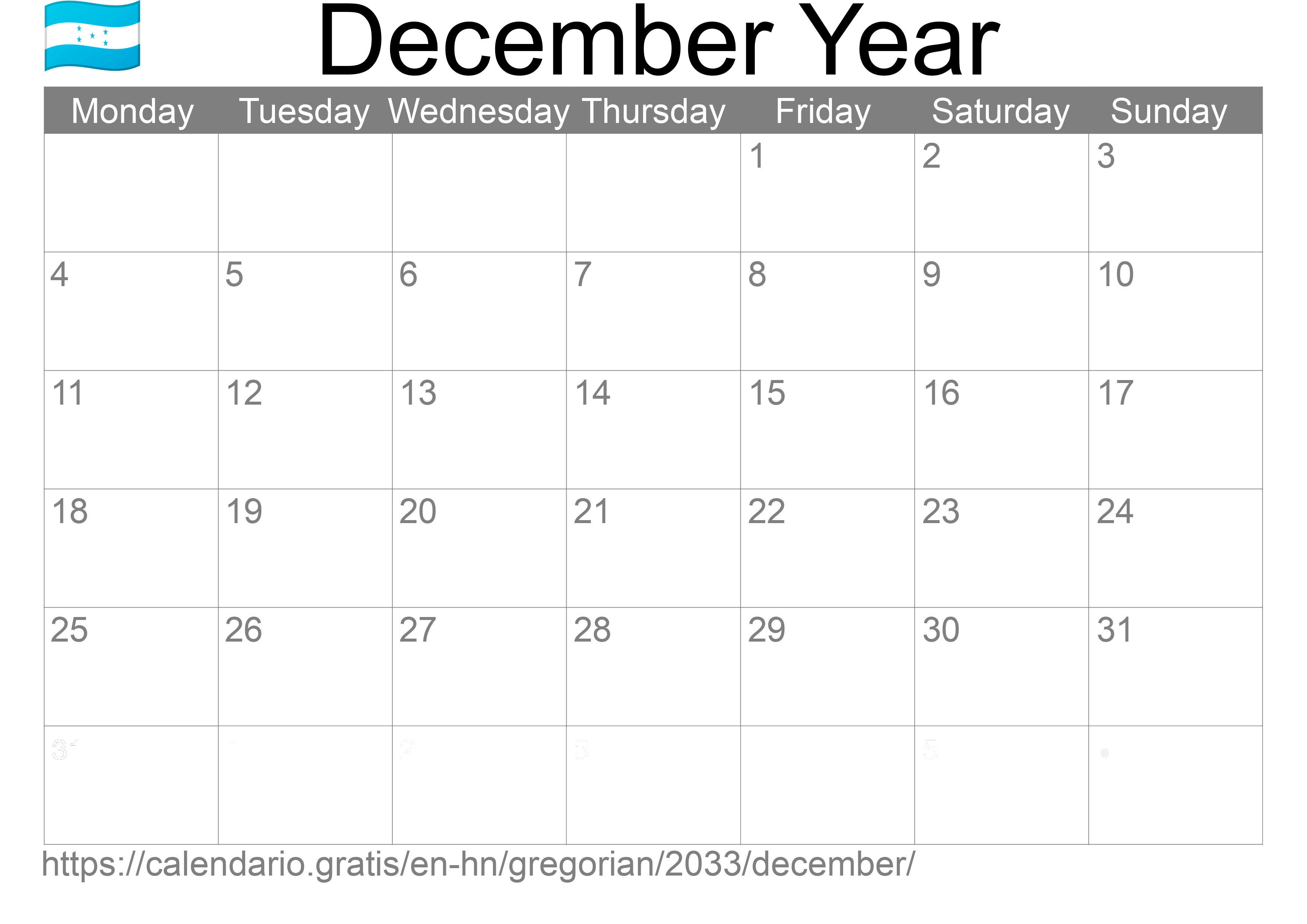 Calendar December 2033 to print