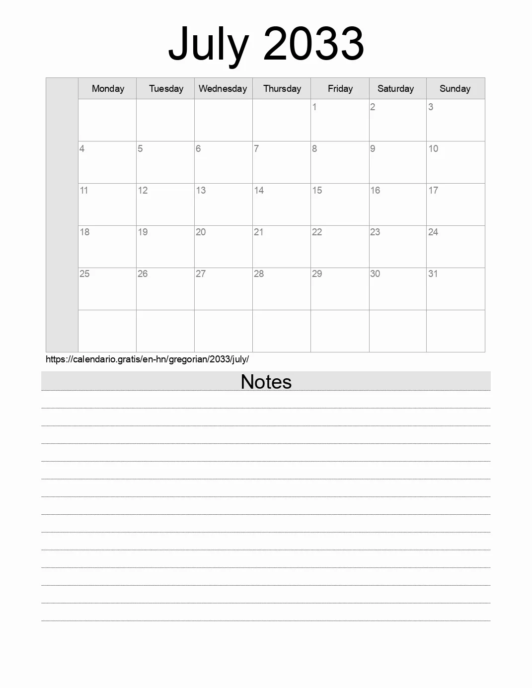 Calendar for printing with notes for 2033 July . (Honduras)