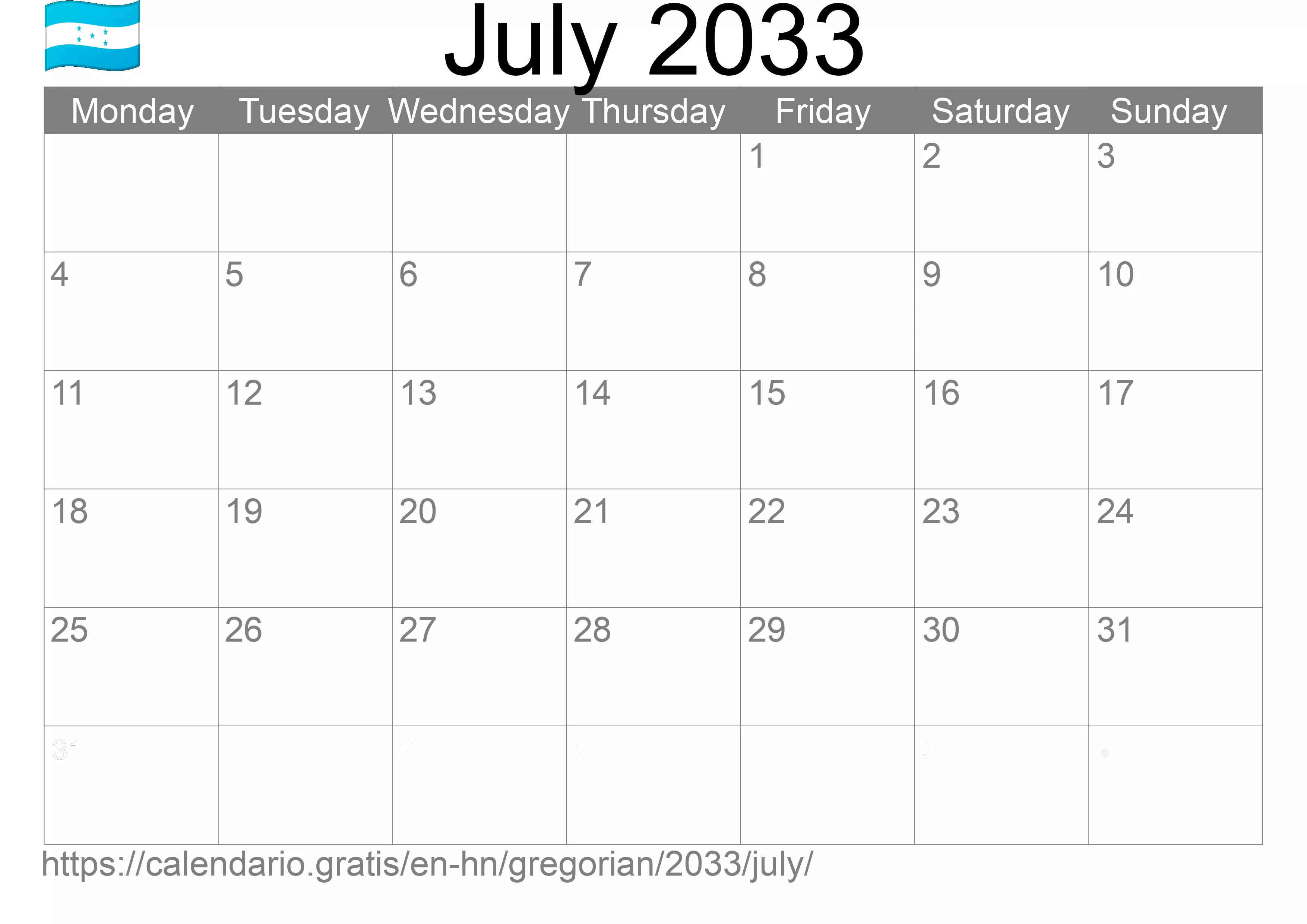 Calendar July 2033 to print (Honduras)