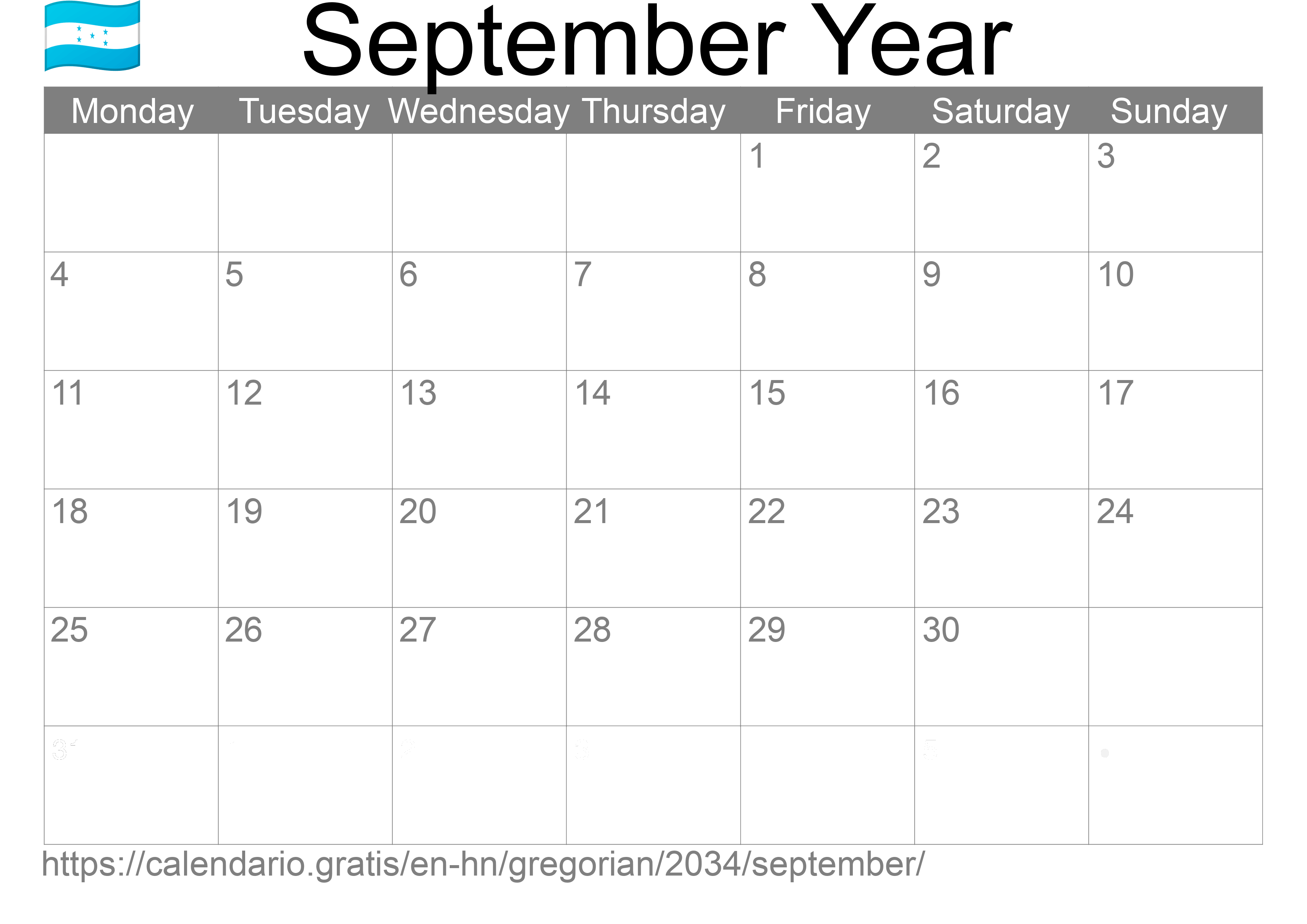 Calendar September 2034 to print