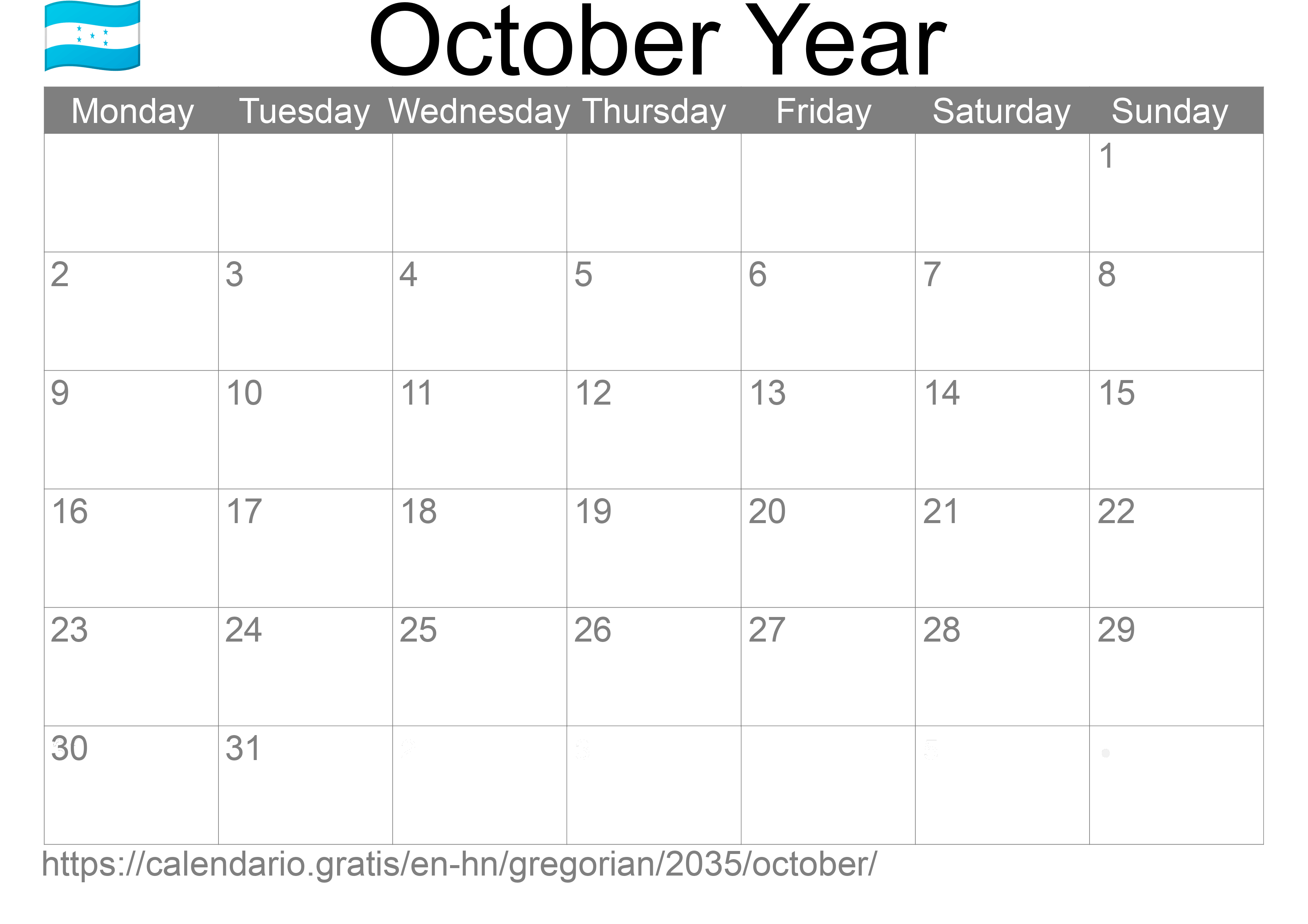 Calendar October 2035 to print