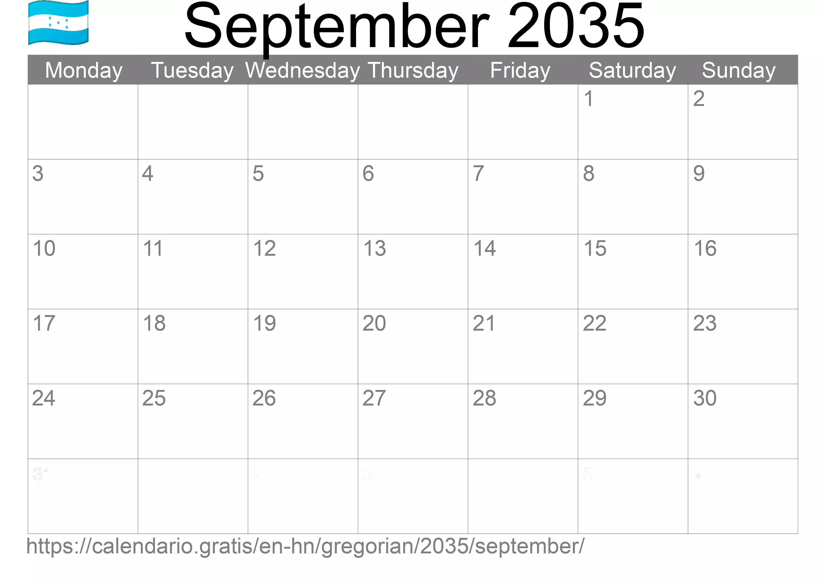 Calendar September 2035 to print (Honduras)