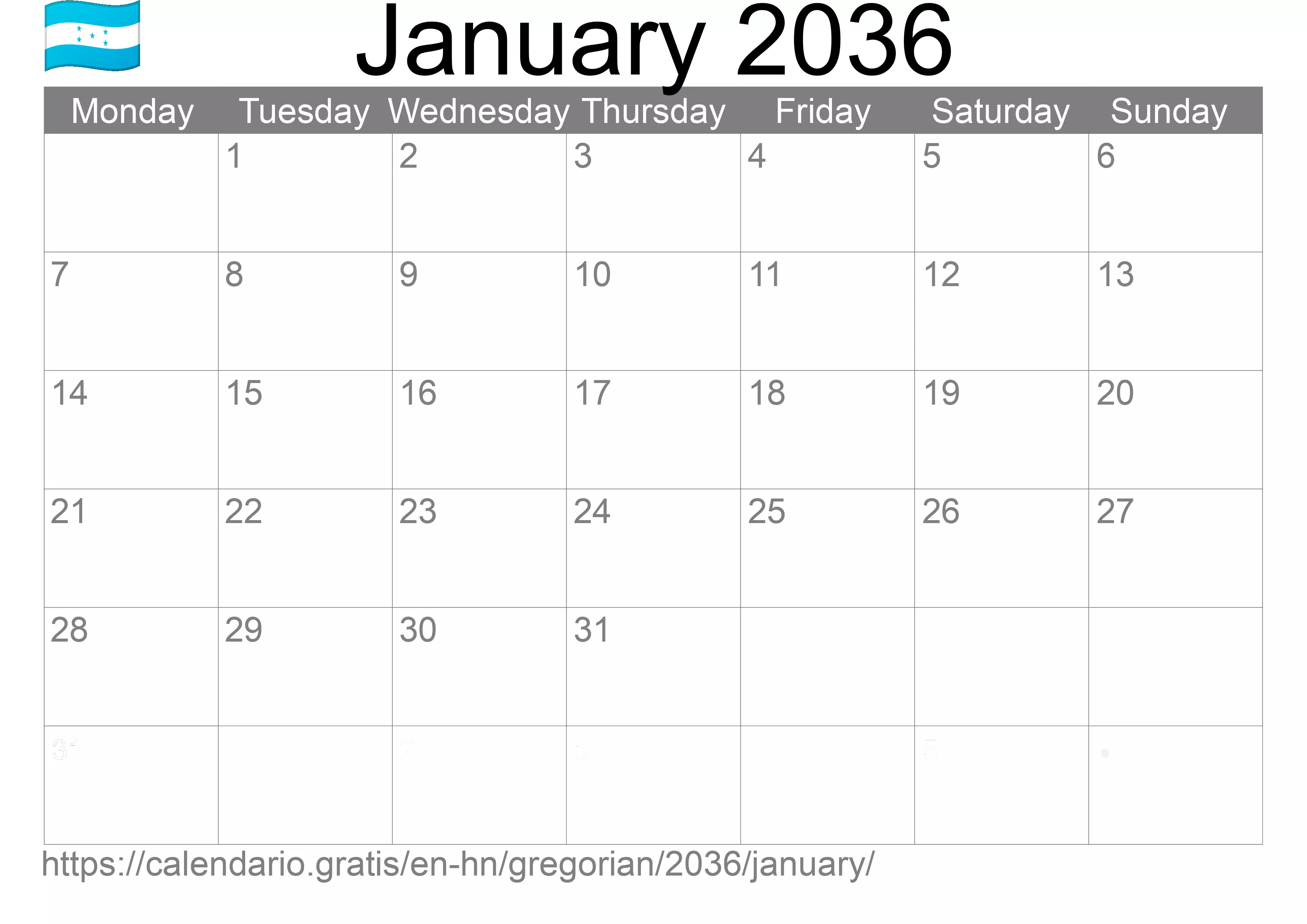 Calendar January 2036 to print (Honduras)