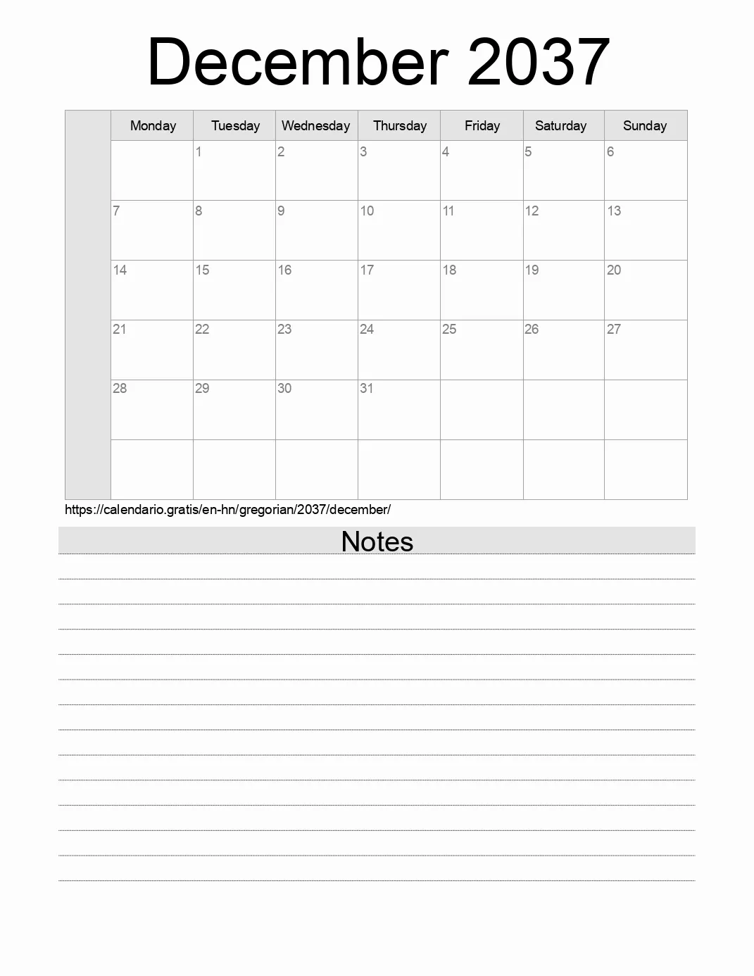 Calendar for printing with notes for 2037 December . (Honduras) Calendar for printing with notes for 2037 December . (Honduras)