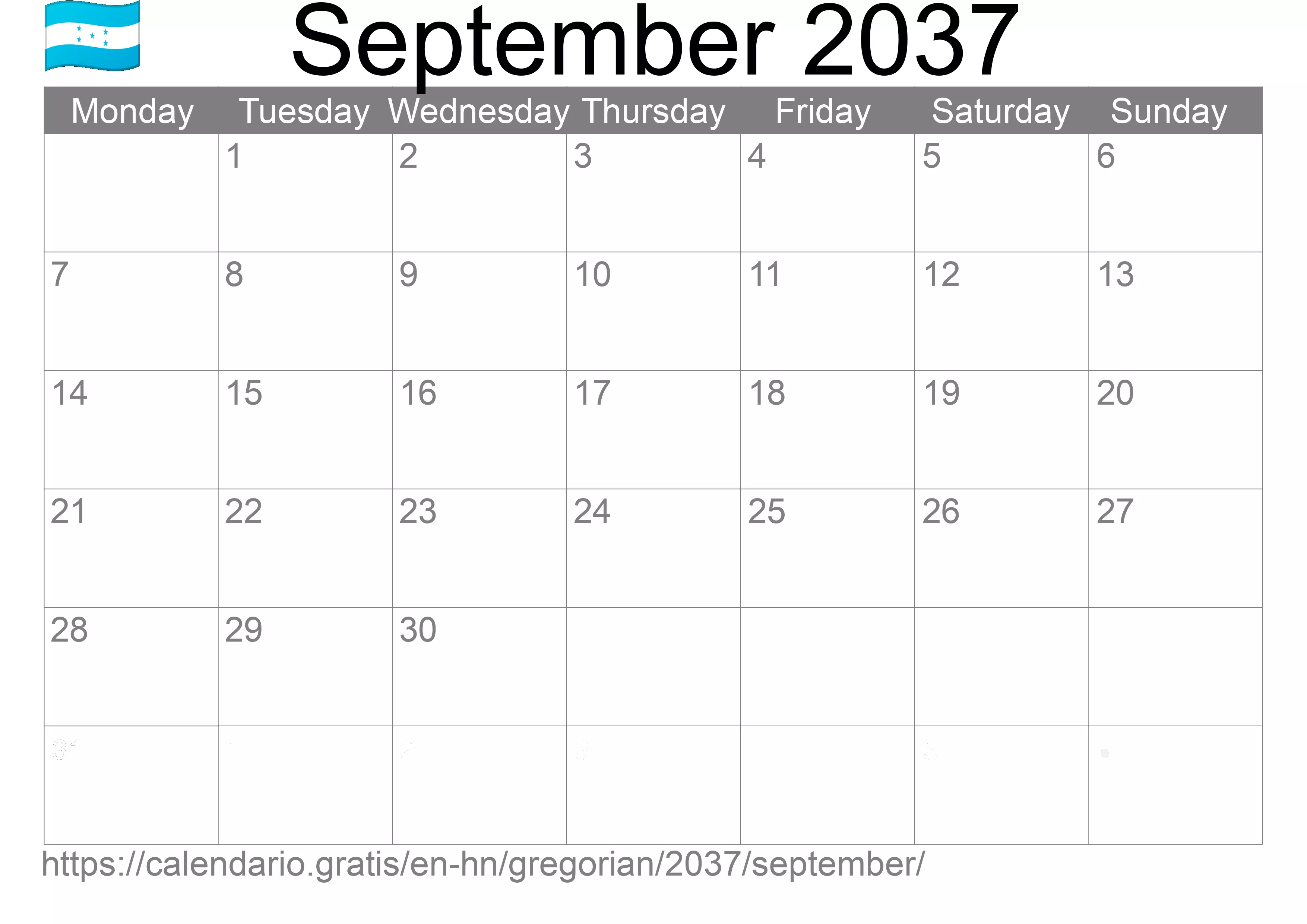 Calendar September 2037 to print (Honduras)