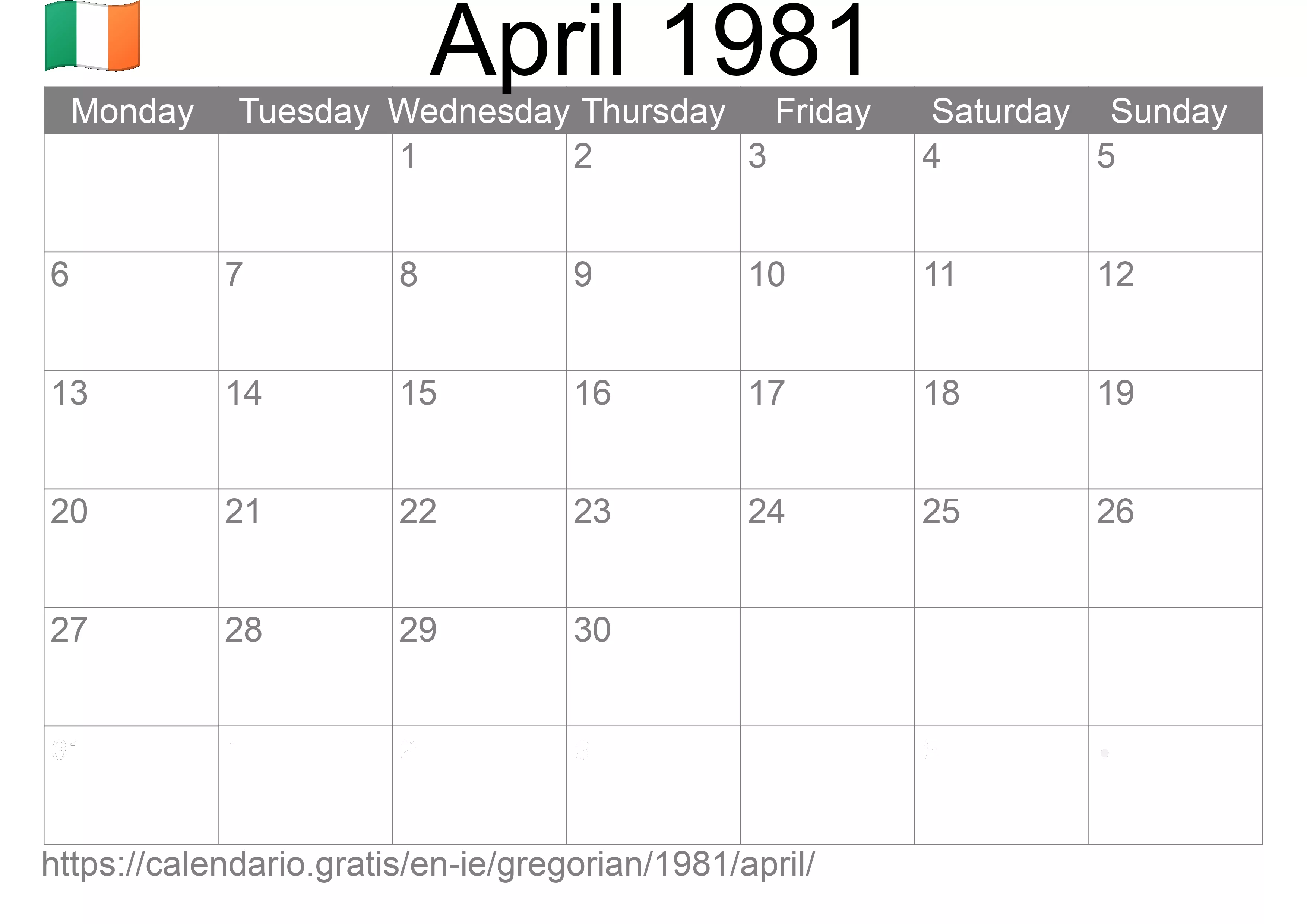 Calendar April 1981 to print (Ireland) Calendar April 1981 to print (Ireland)