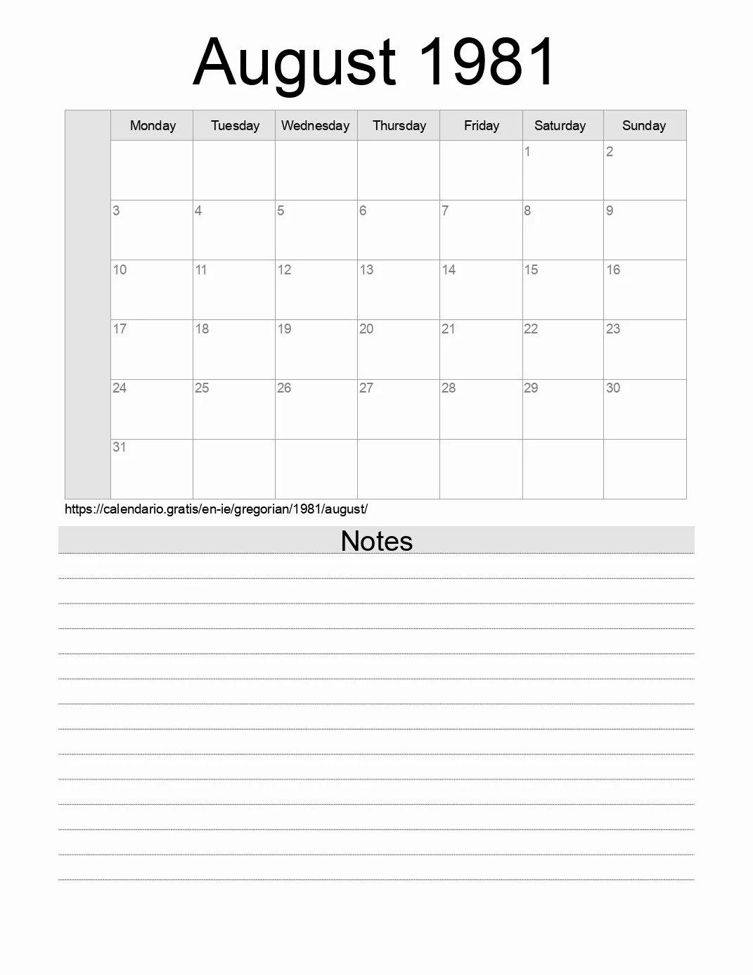 Calendar for printing with notes for 1981 August . (Ireland) Calendar for printing with notes for 1981 August . (Ireland)