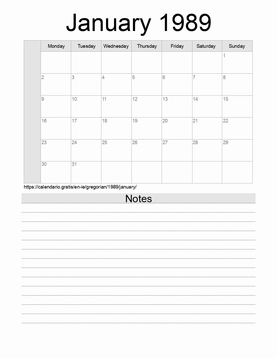 Calendar for printing with notes for 1989 January . (Ireland) Calendar for printing with notes for 1989 January . (Ireland)