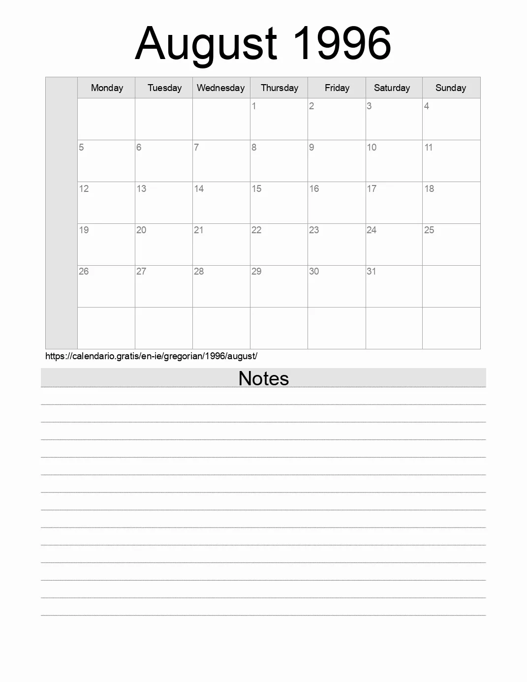 Calendar for printing with notes for 1996 August . (Ireland) Calendar for printing with notes for 1996 August . (Ireland)