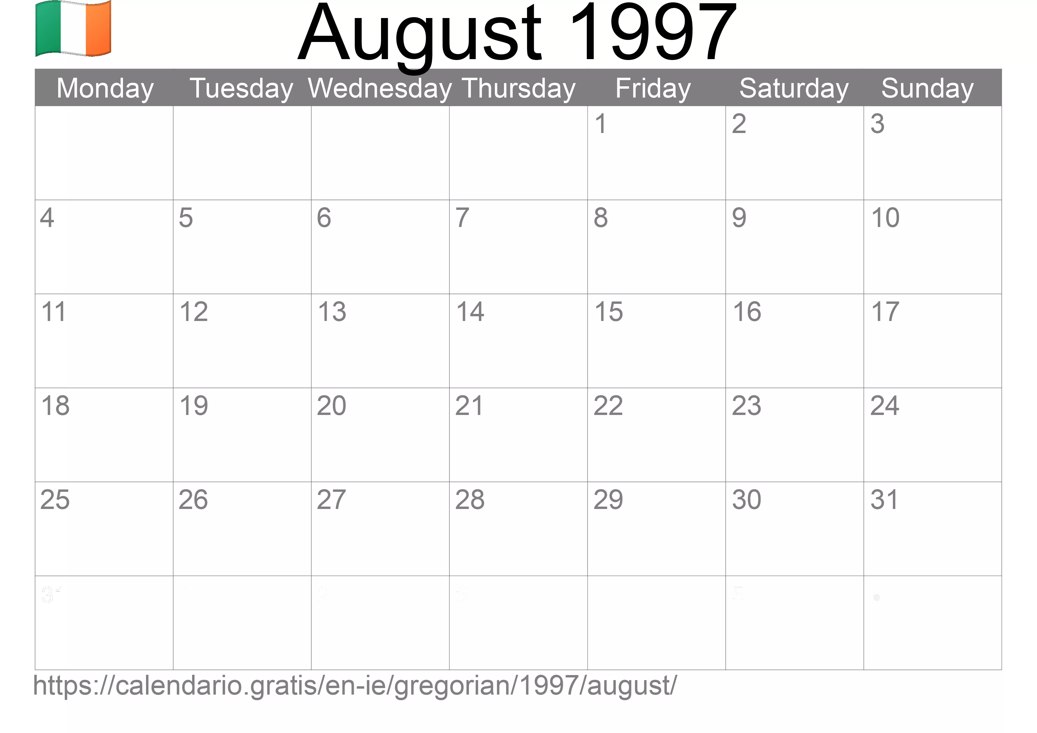 Calendar August 1997 to print (Ireland) Calendar August 1997 to print (Ireland)