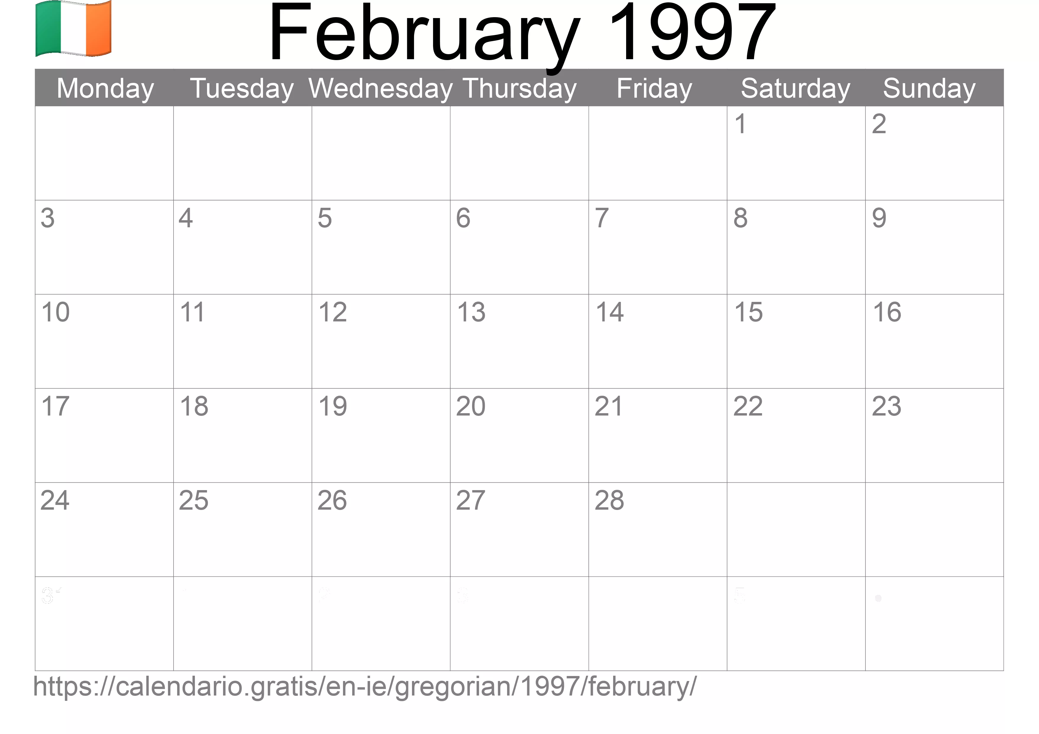 Calendar February 1997 to print (Ireland) Calendar February 1997 to print (Ireland)