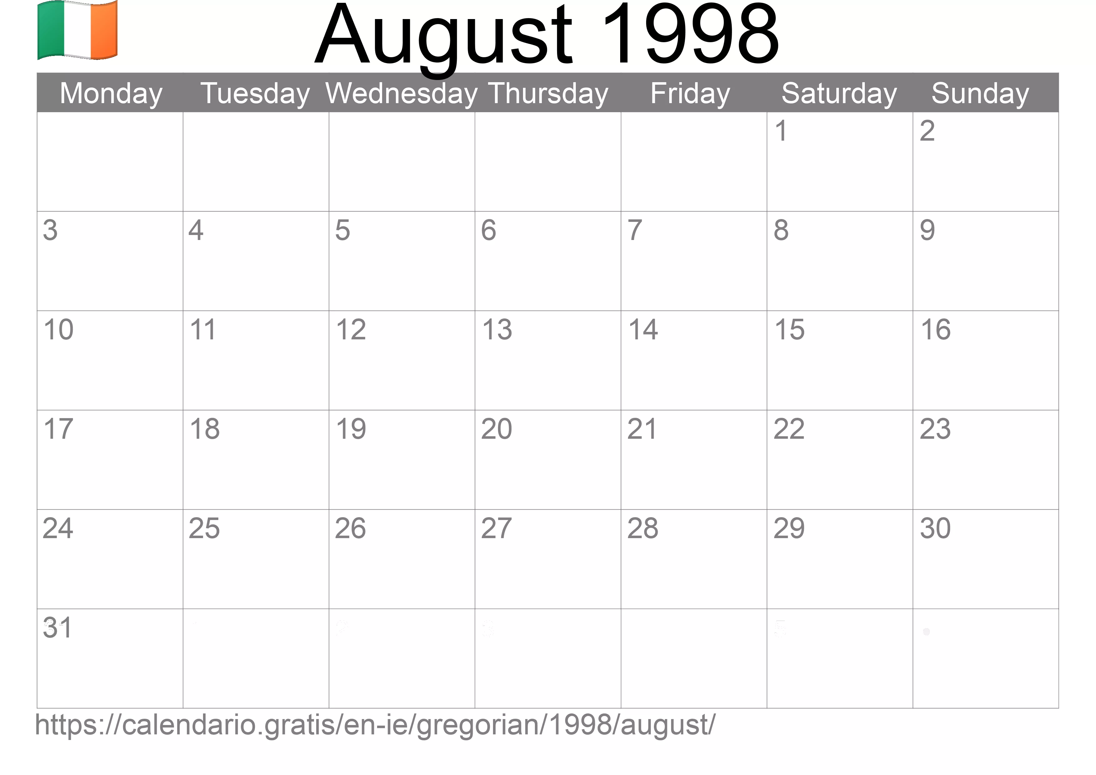 Calendar August 1998 to print (Ireland) Calendar August 1998 to print (Ireland)