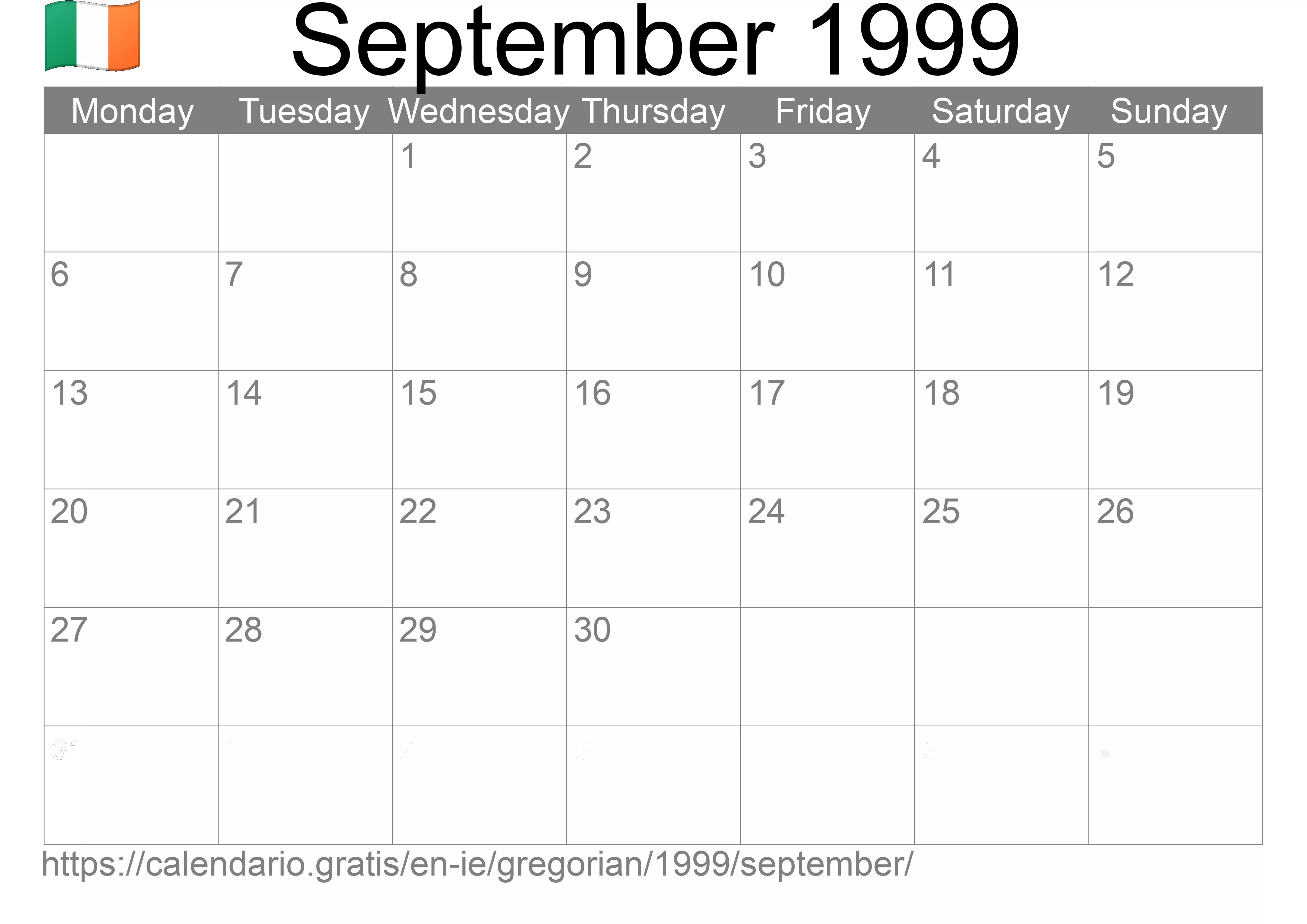 Calendar September 1999 to print (Ireland)