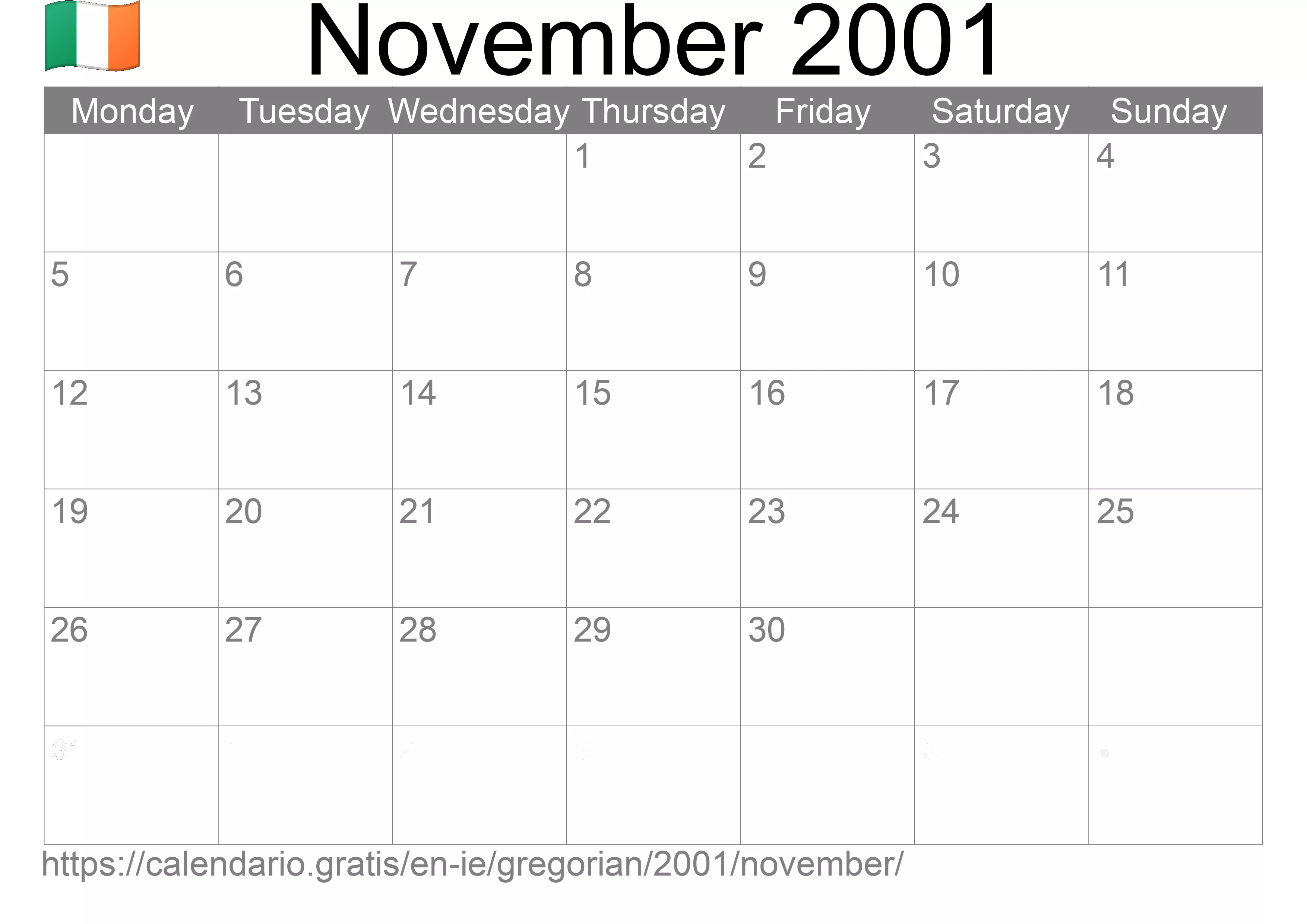 Calendar November 2001 to print (Ireland)