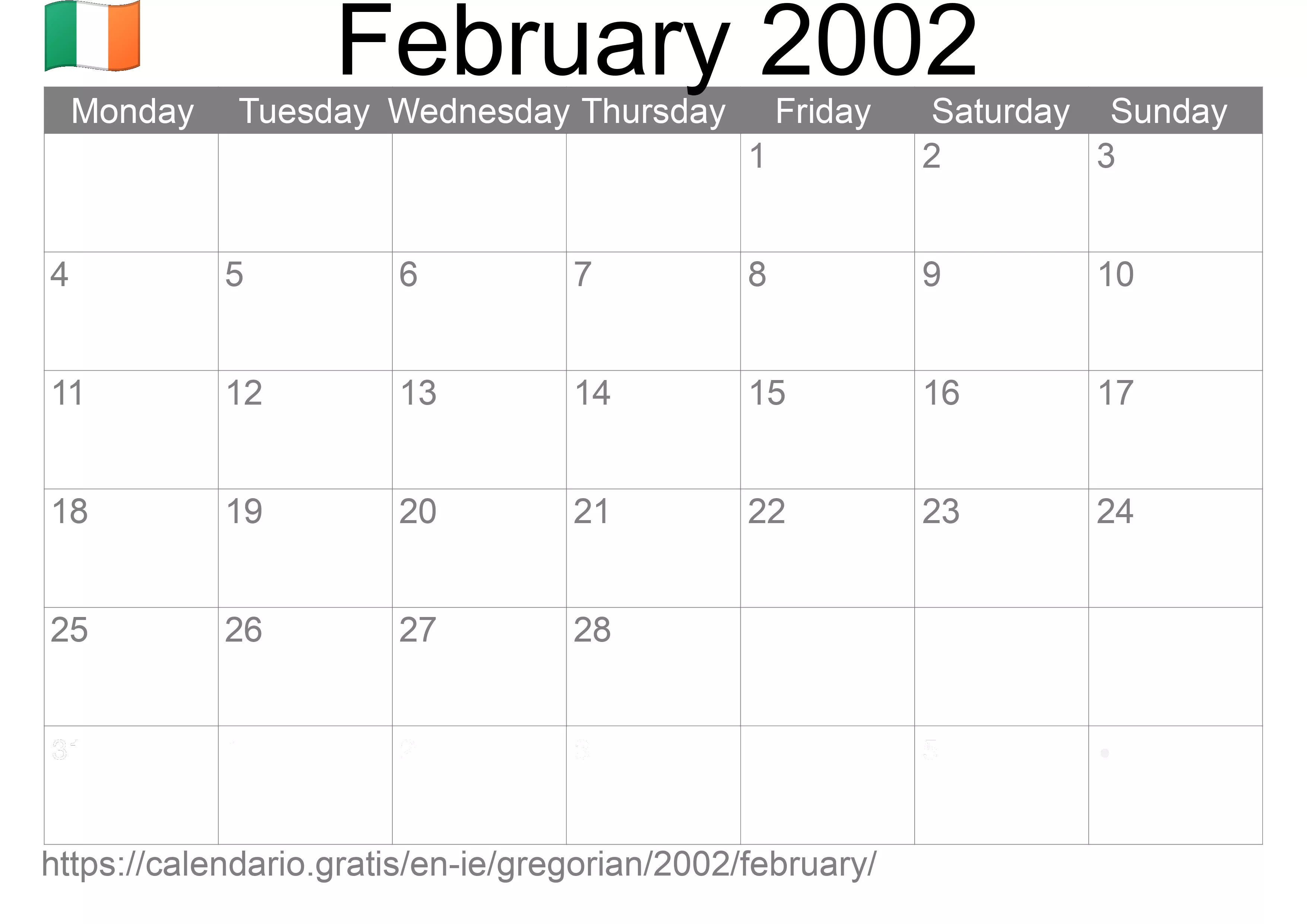 Calendar February 2002 to print (Ireland) Calendar February 2002 to print (Ireland)