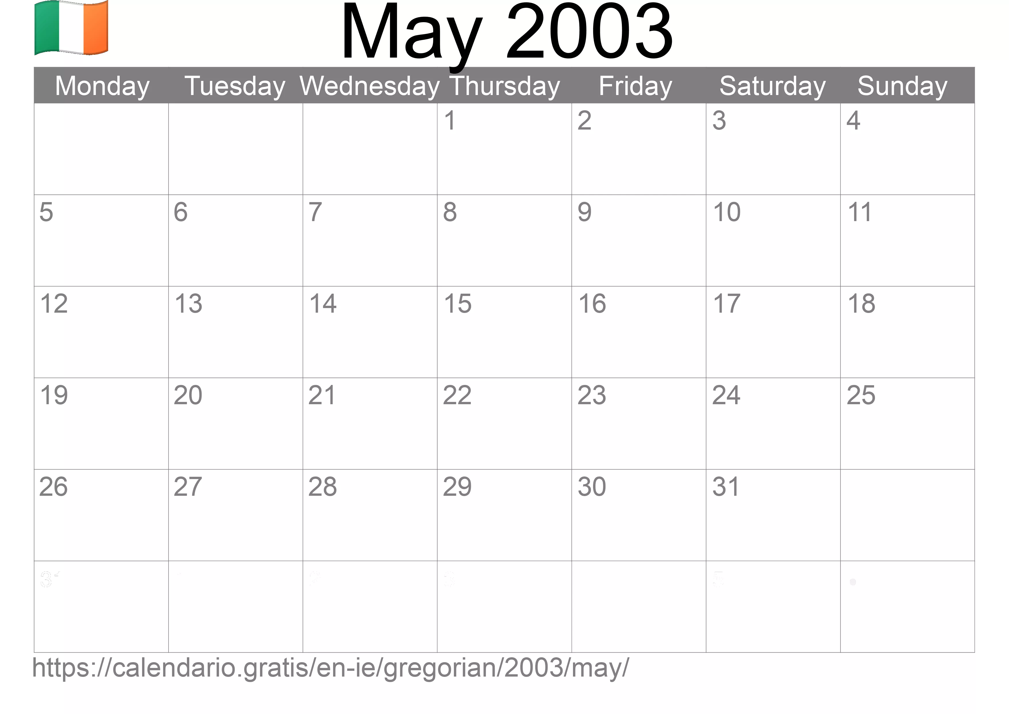 Calendar May 2003 to print (Ireland)