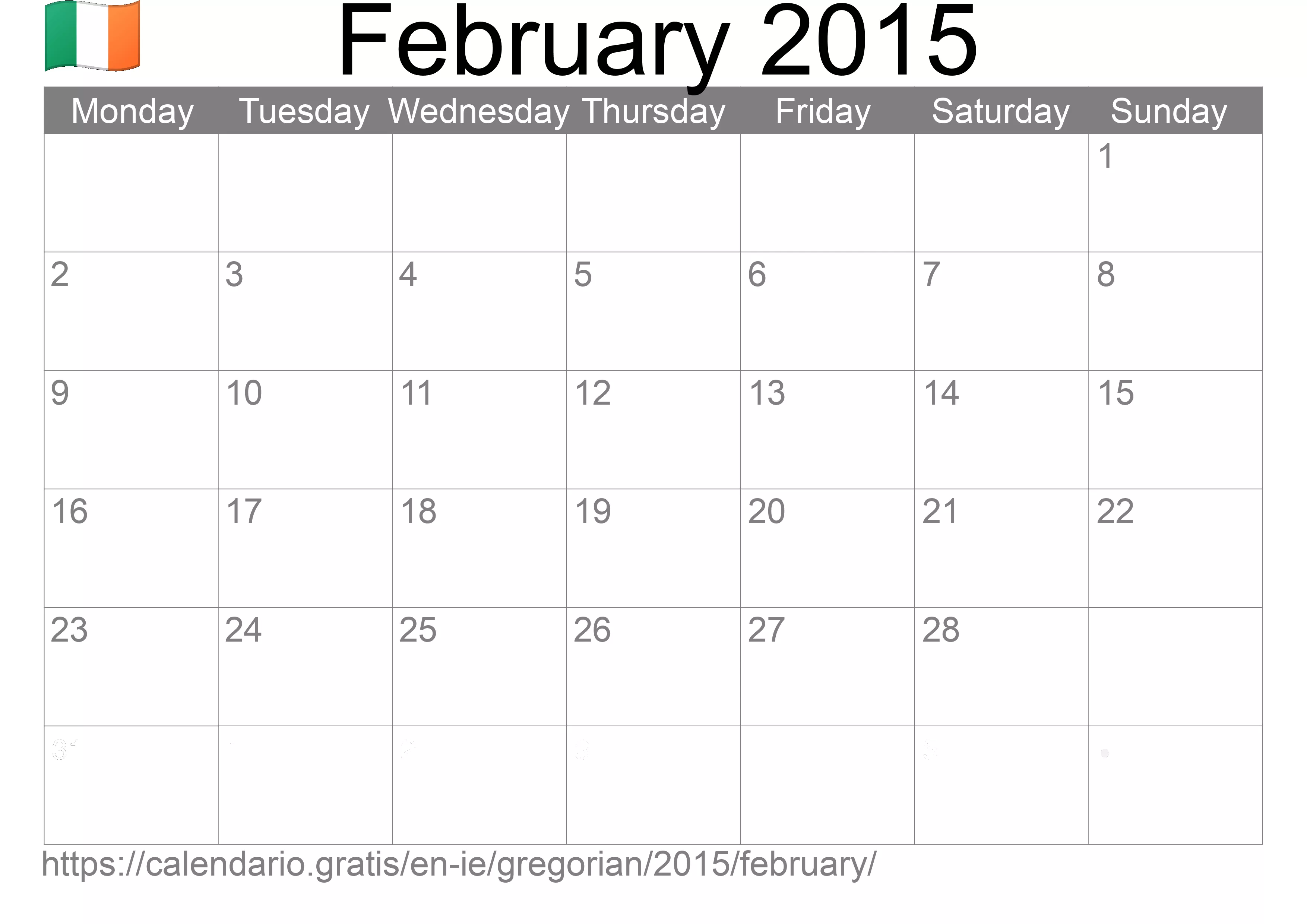 Calendar February 2015 to print (Ireland) Calendar February 2015 to print (Ireland)