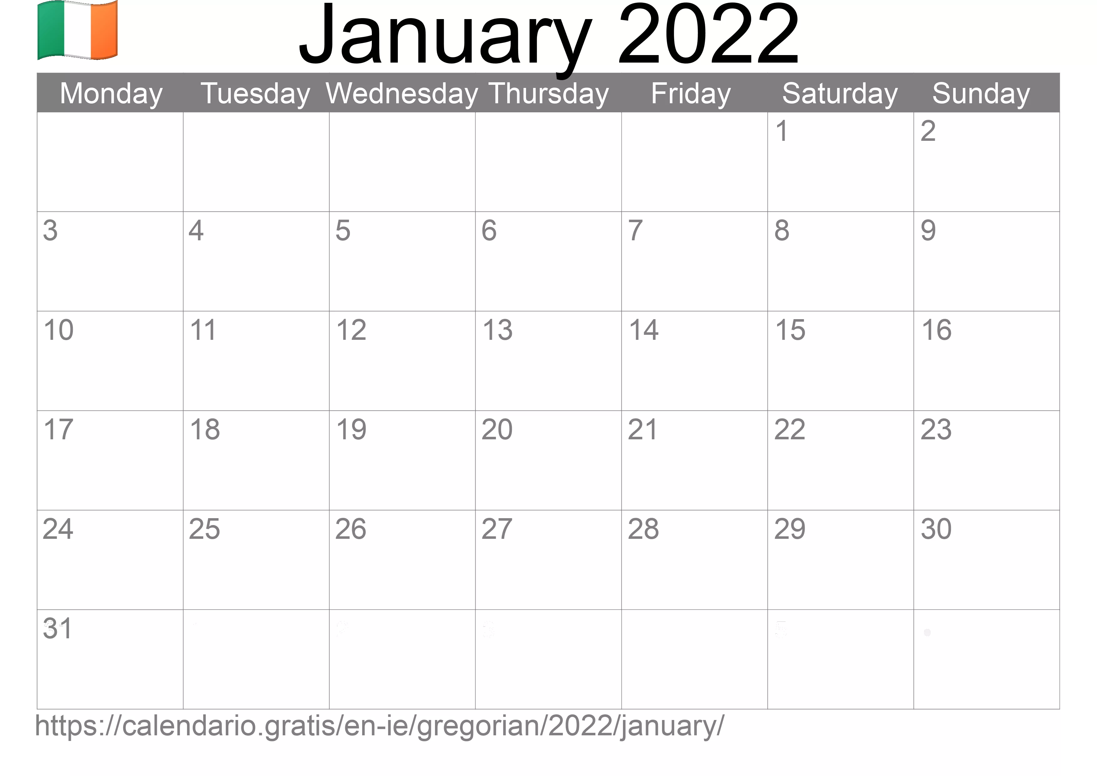 Calendar January 2022 to print (Ireland)