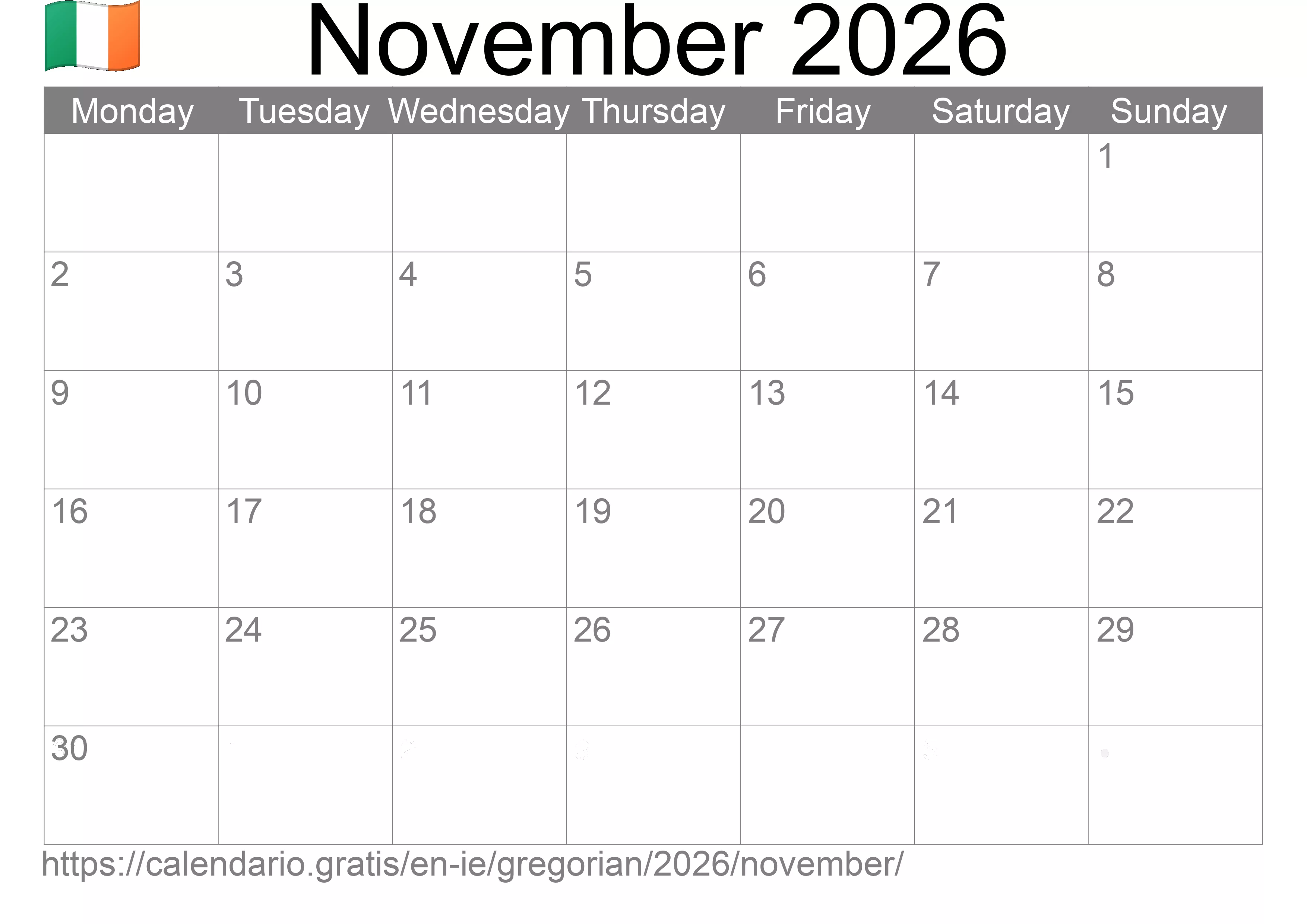 Calendar November 2026 to print (Ireland)